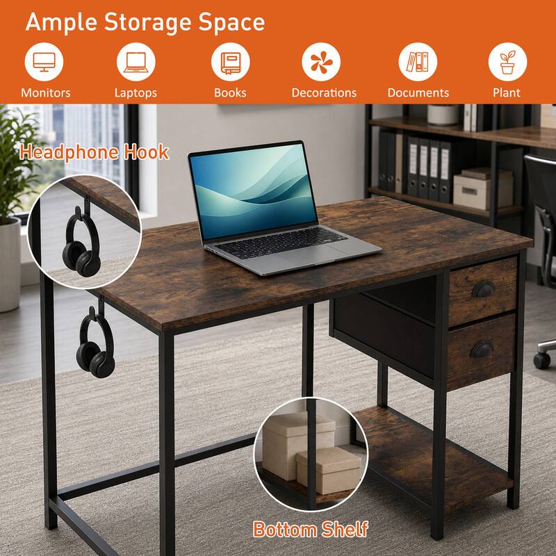 Ample Storage Space  
Monitors  
Laptops  
Books  
Decorations  
Documents  
Plant  
Headphone Hook  
Bottom Shelf