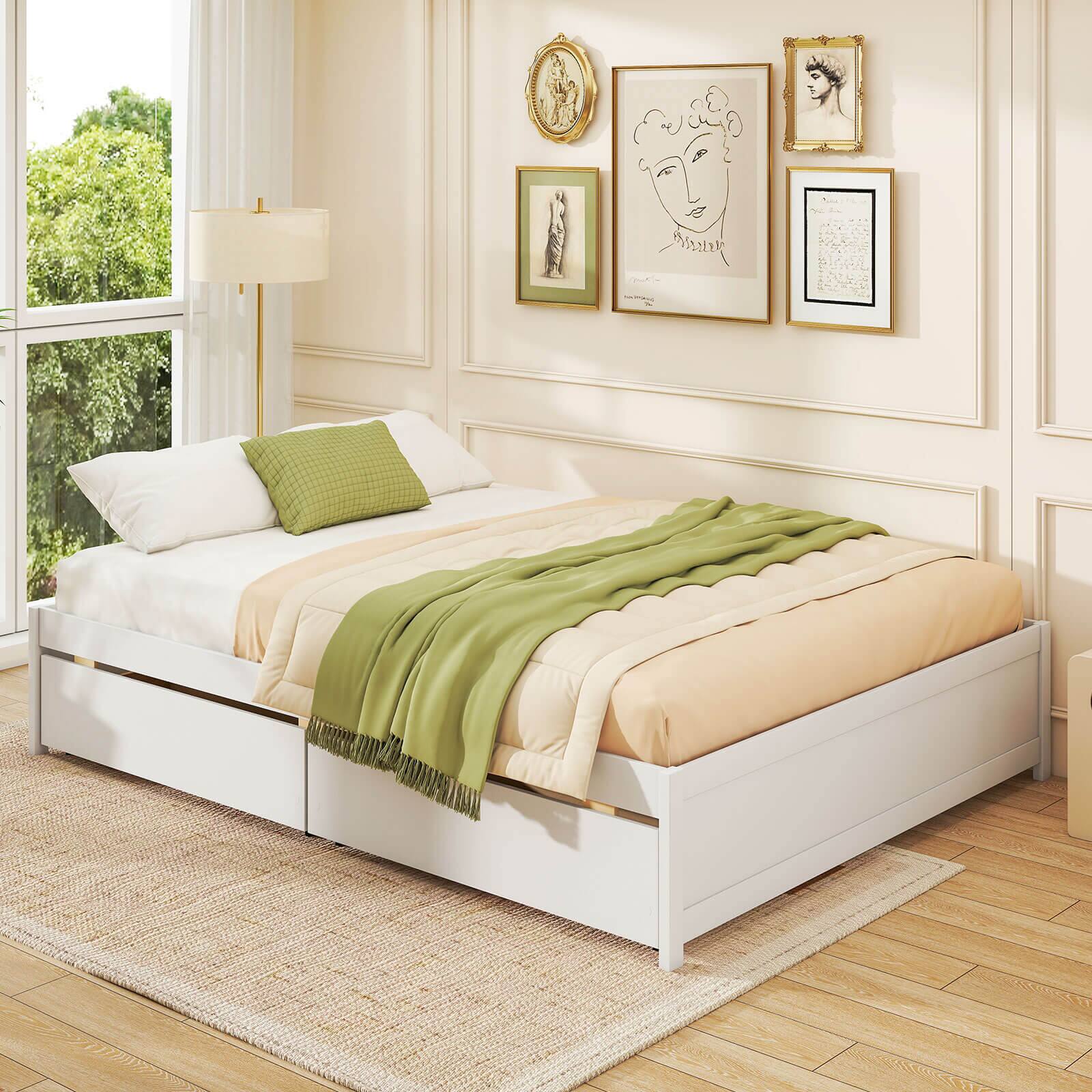 Alt View 3. Costway - Costway Queen Size Wooden Bed Frame with  Rolling Storage Drawers Wood Slat Support - White.