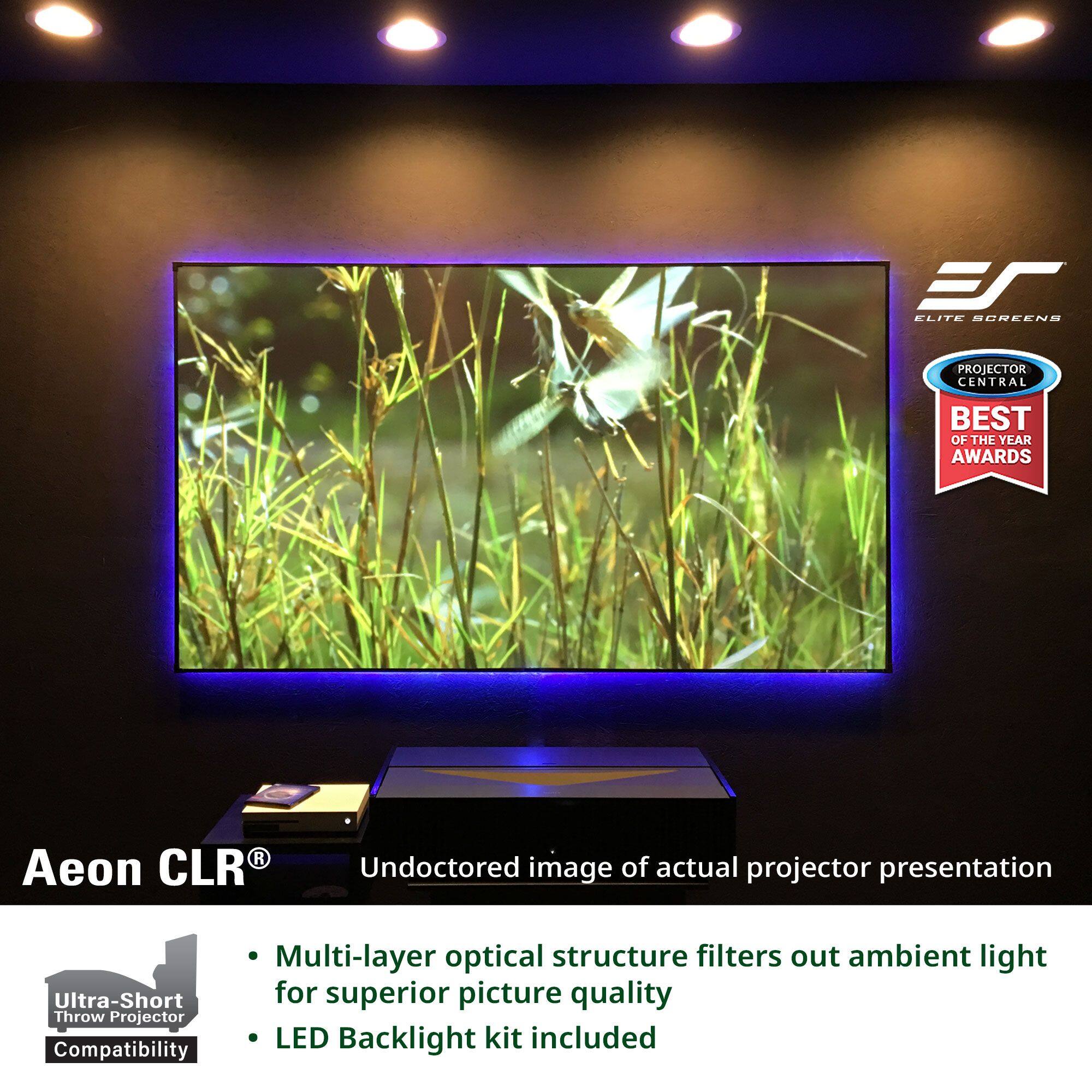 **ELITE SCREENS PROJECTOR CENTRAL BEST OF THE YEAR AWARDS**

**Aeon CLR**

- Undoctored image of actual projector presentation
- Ultra-Short Throw Projector Compatibility
- Multi-layer optical structure filters out ambient light for superior picture quality
- LED Backlight kit included