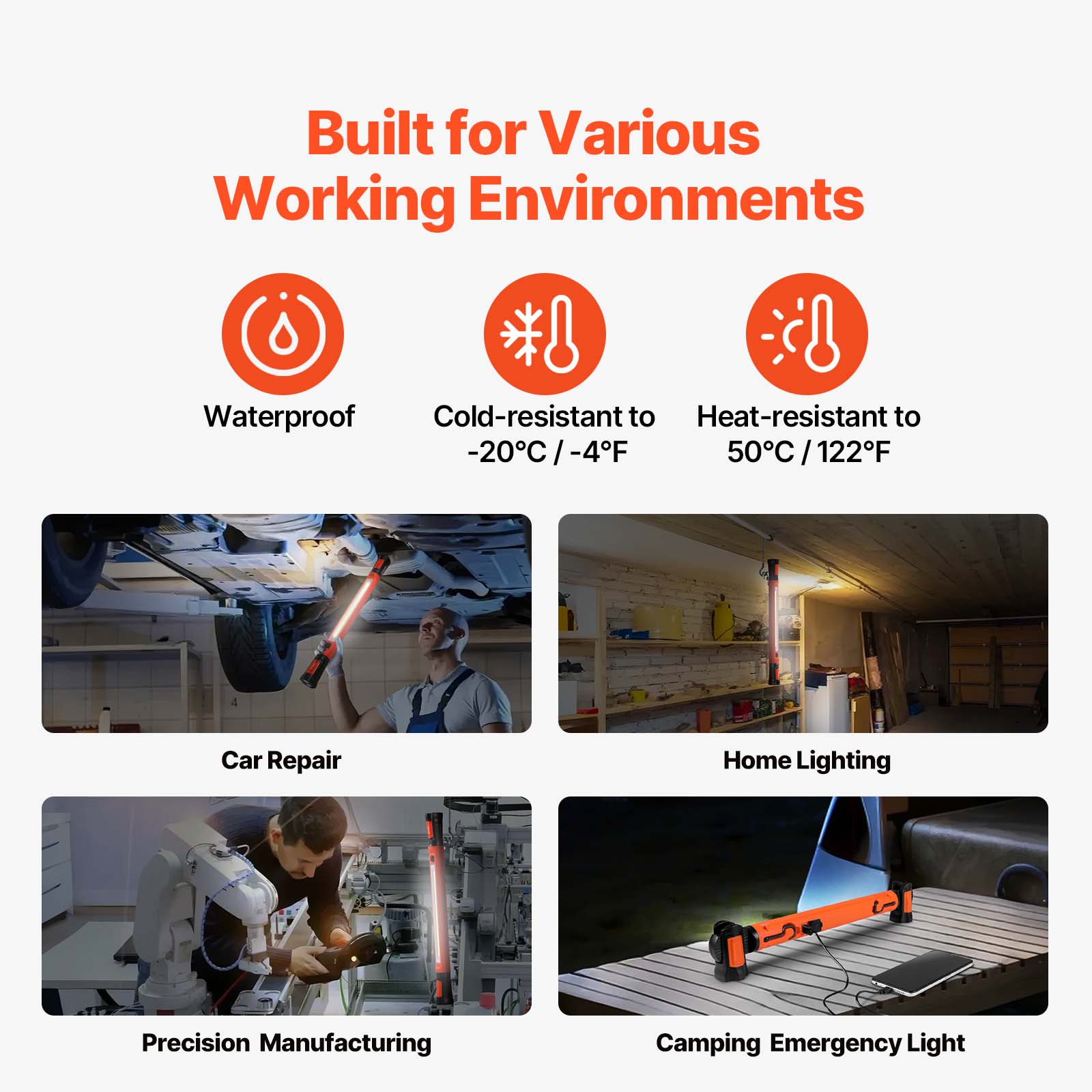 Built for Various Working Environments

- Waterproof
- Cold-resistant to -20°C / -4°F
- Heat-resistant to 50°C / 122°F

- Car Repair
- Home Lighting
- Precision Manufacturing
- Camping Emergency Light