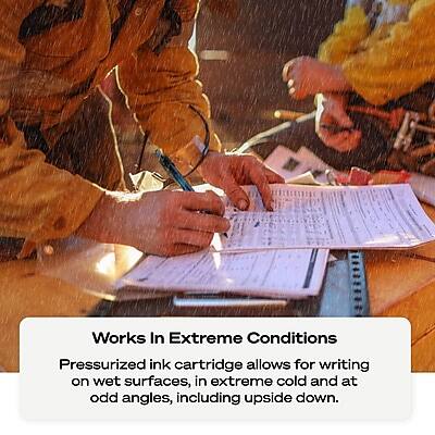 Works In Extreme Conditions

Pressurized ink cartridge allows for writing on wet surfaces, in extreme cold, and at odd angles, including upside down.
