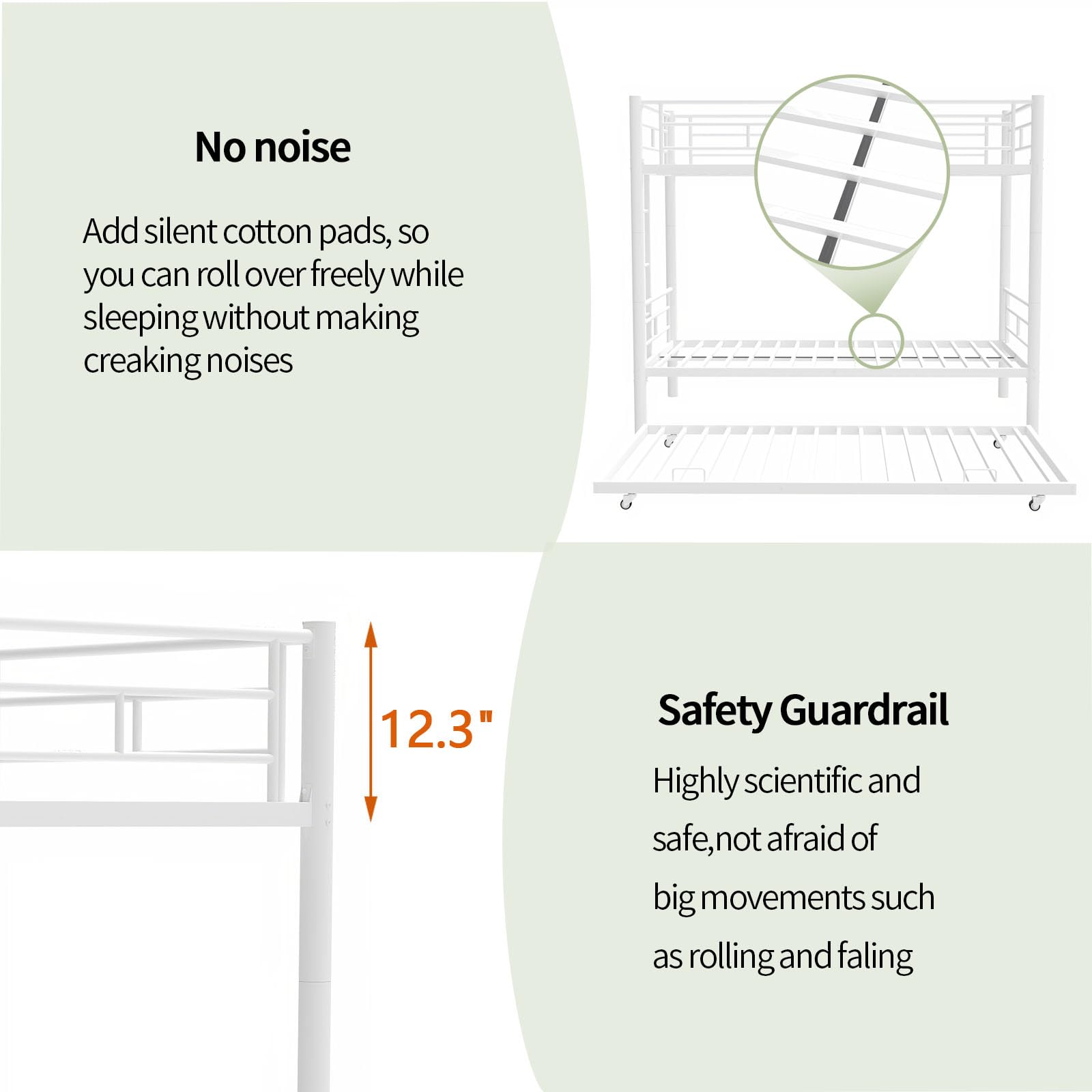 **No noise**

Add silent cotton pads, so you can roll over freely while sleeping without making creaking noises

**Safety Guardrail**

Highly scientific and safe, not afraid of big movements such as rolling and falling

12.3"