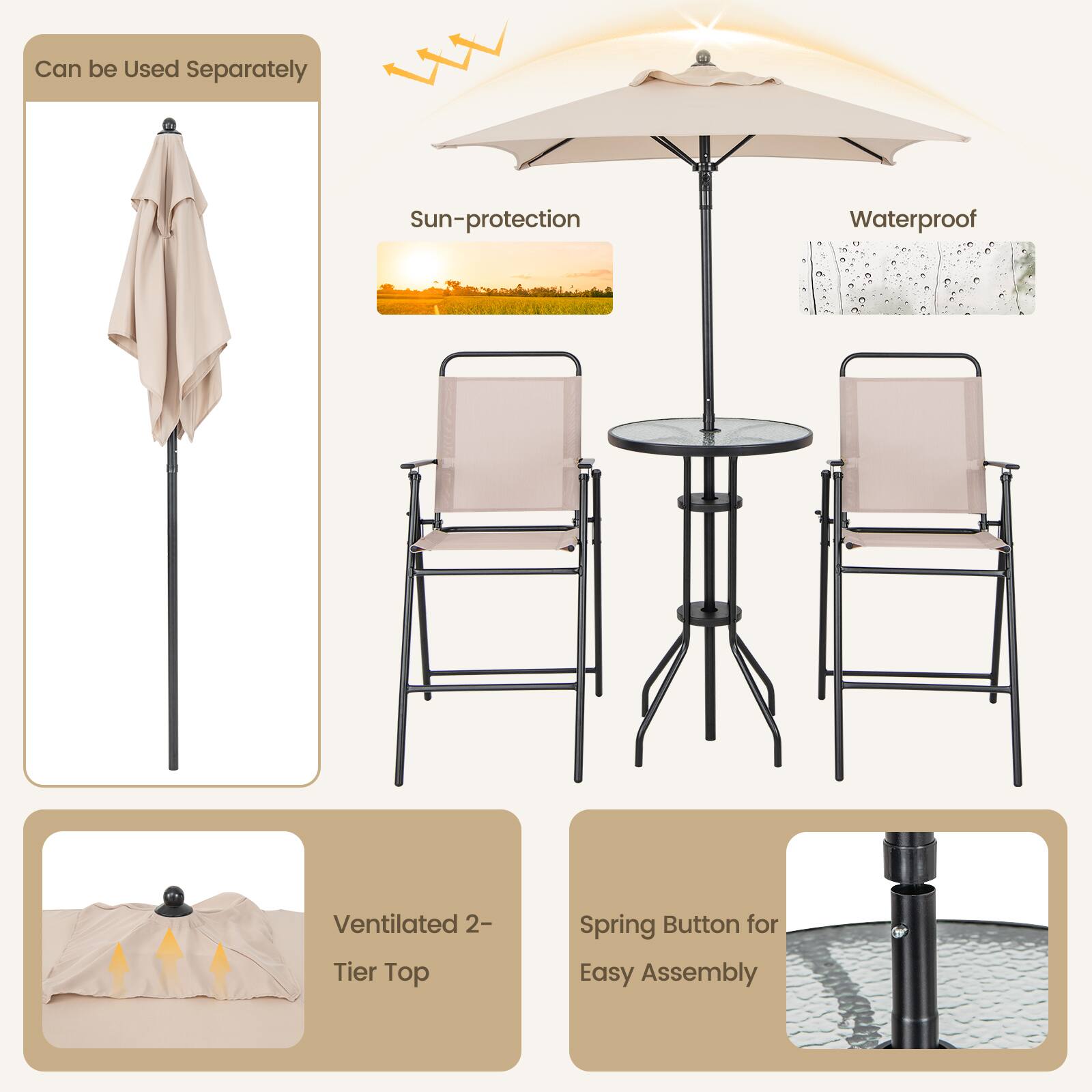- Can be Used Separately
- Sun-protection
- Waterproof
- Ventilated 2-Tier Top
- Spring Button for Easy Assembly