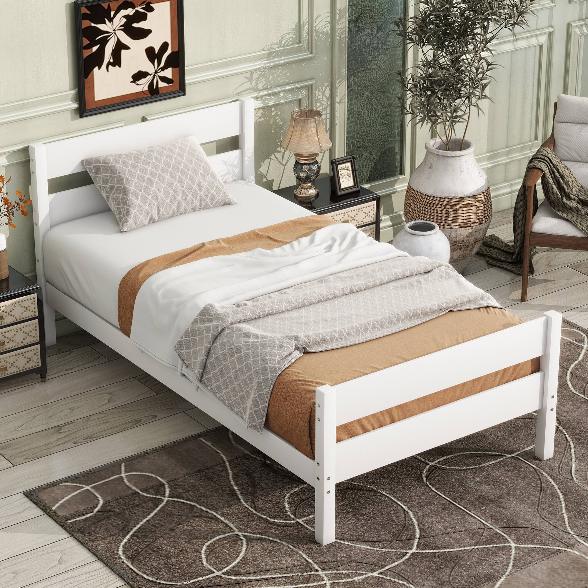Angle. GOODSILO - Twin Size Wooden Bed with Headboard and Footboard - Minimalist Design with Underneath Storage - White.