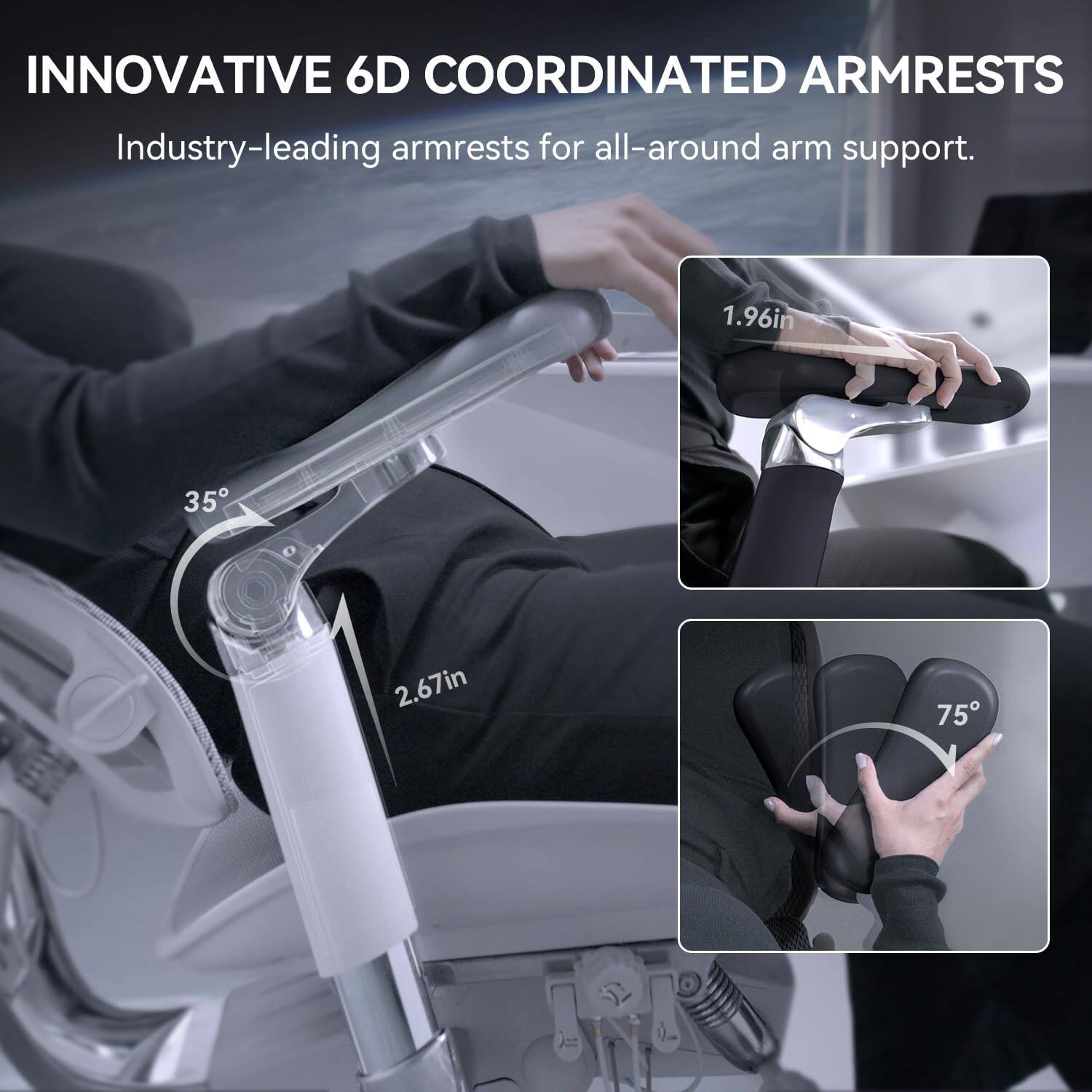 INNOVATIVE 6D COORDINATED ARMRESTS  
Industry-leading armrests for all-around arm support.  

1.96in  
35°  
2.67in  
75°