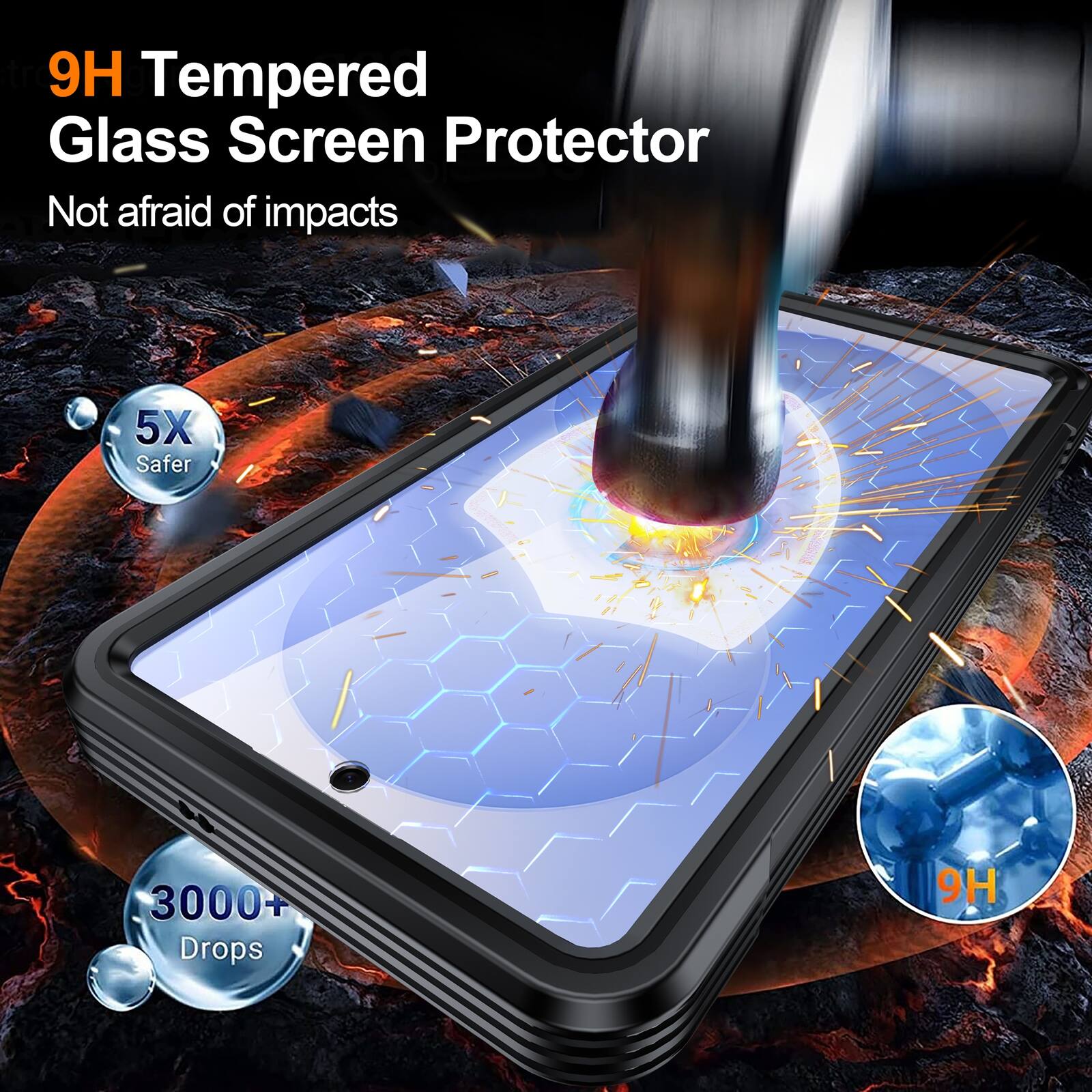 9H Tempered Glass Screen Protector  
Not afraid of impacts  
5X Safer  
3000+ Drops  
9H