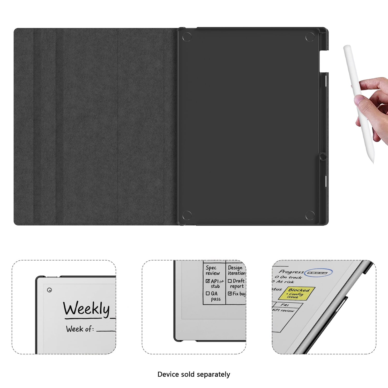 Weekly
Week of:
Spec
- API review
- QA pass
Design iteration
- Draft stub report
- Fix bug
Progress
- On track
- At risk
- Blocked
- Config issue
KPI review
Device sold separately