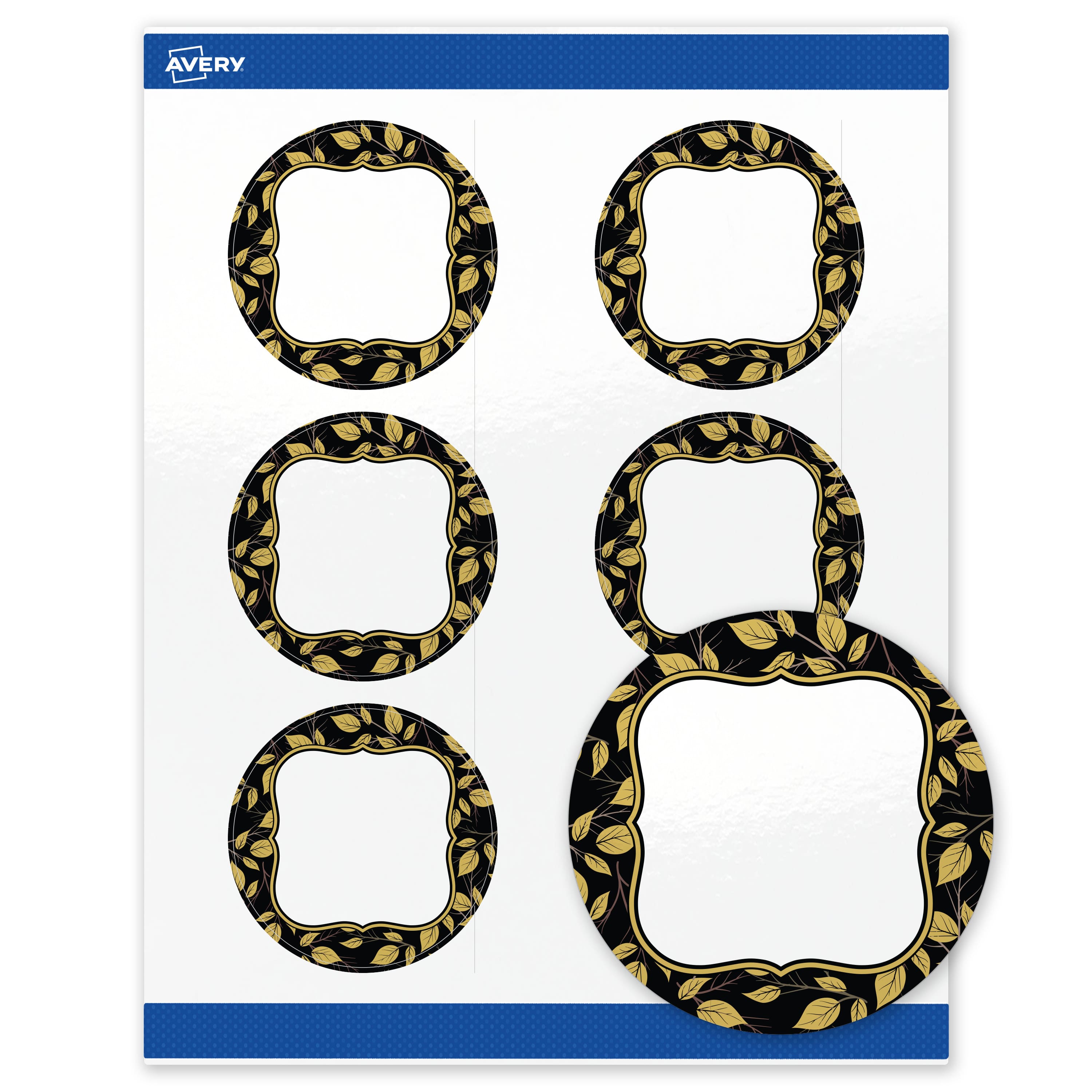 "Avery - Labels, 3"" Diameter, Glossy Black Flourish & Gold Leaves - White" price history on PriceWatchPro