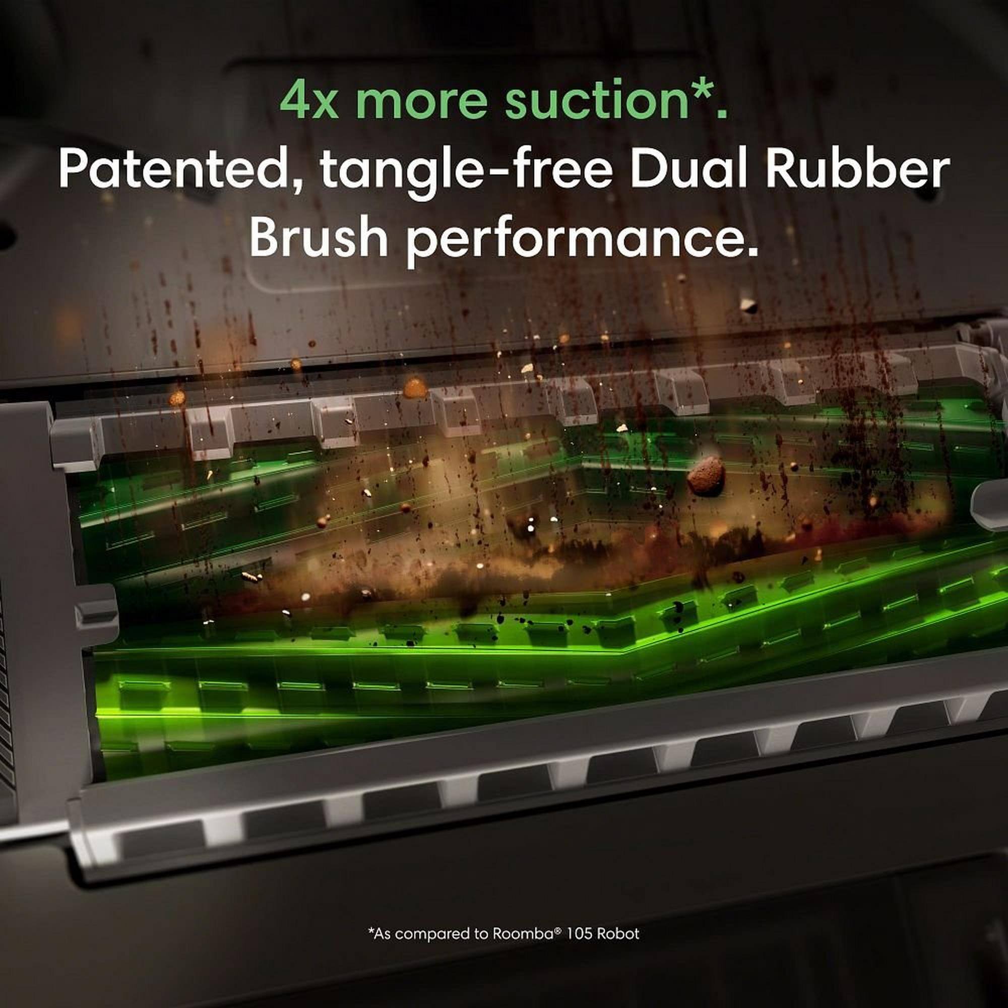 4x more suction*.  
Patented, tangle-free Dual Rubber Brush performance.  
*As compared to Roomba® 105 Robot