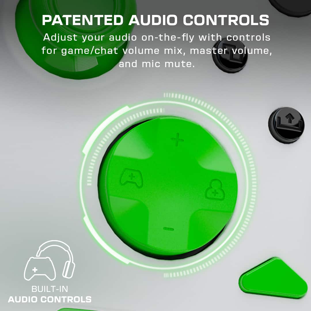 PATENTED AUDIO CONTROLS Adjust your audio on-the-fly with controls for game/chat volume mix, master volume, and mic mute. - + BUILT-IN AUDIO CONTROLS