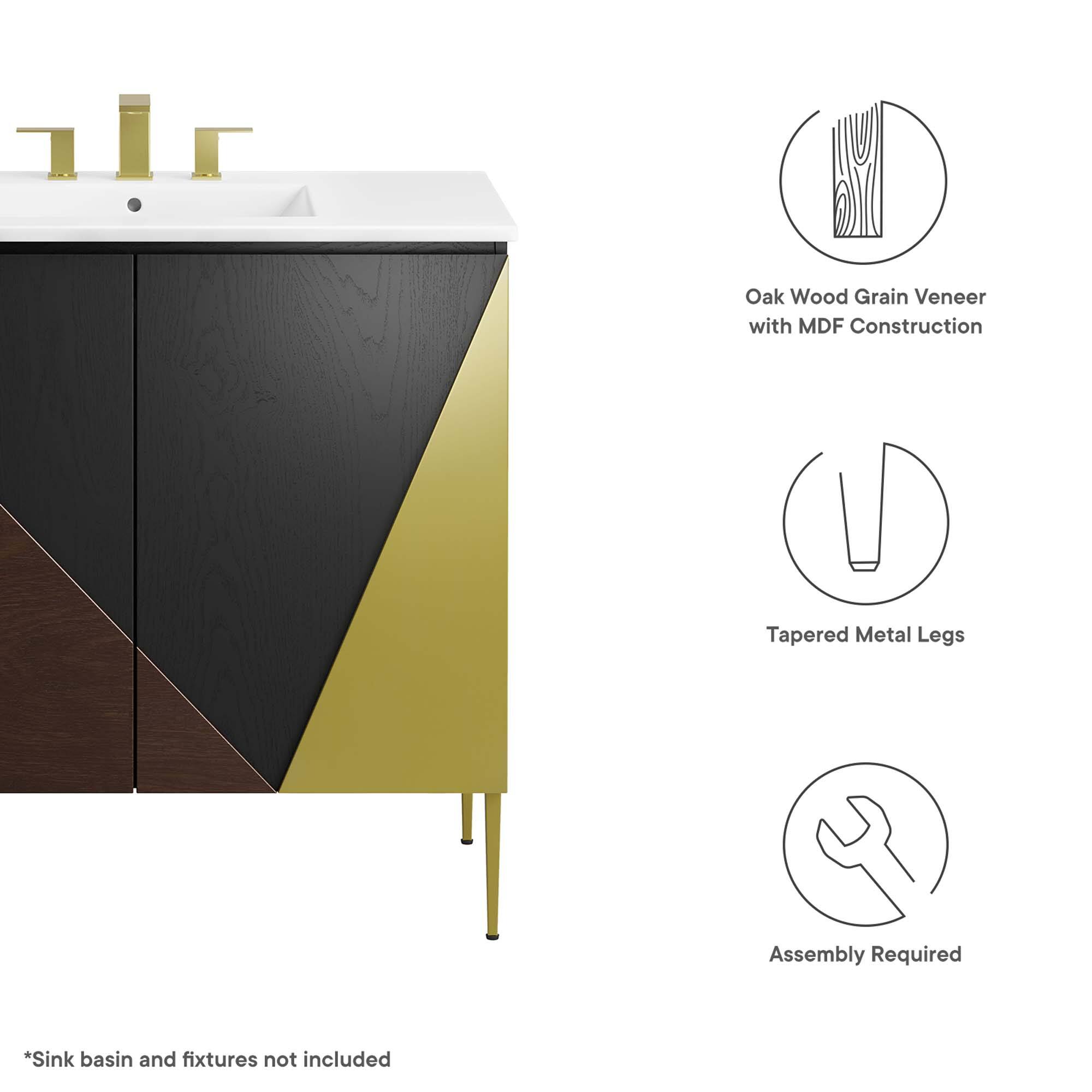 Oak Wood Grain Veneer with MDF Construction  
Tapered Metal Legs  
Assembly Required  

*Sink basin and fixtures not included