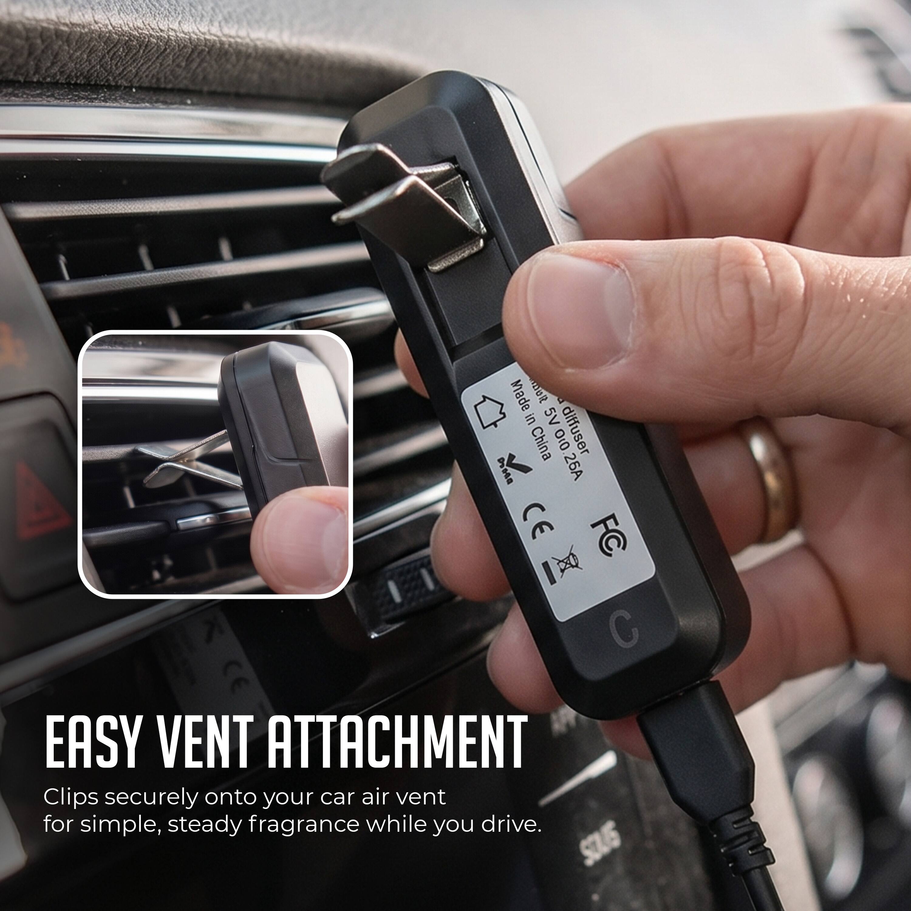 Made in 5V China 0:0 diffuser 26A CE FC 7 C CE EASY VENT ATTACHMENT Clips securely onto your car air vent for simple, steady fragrance while you drive.
