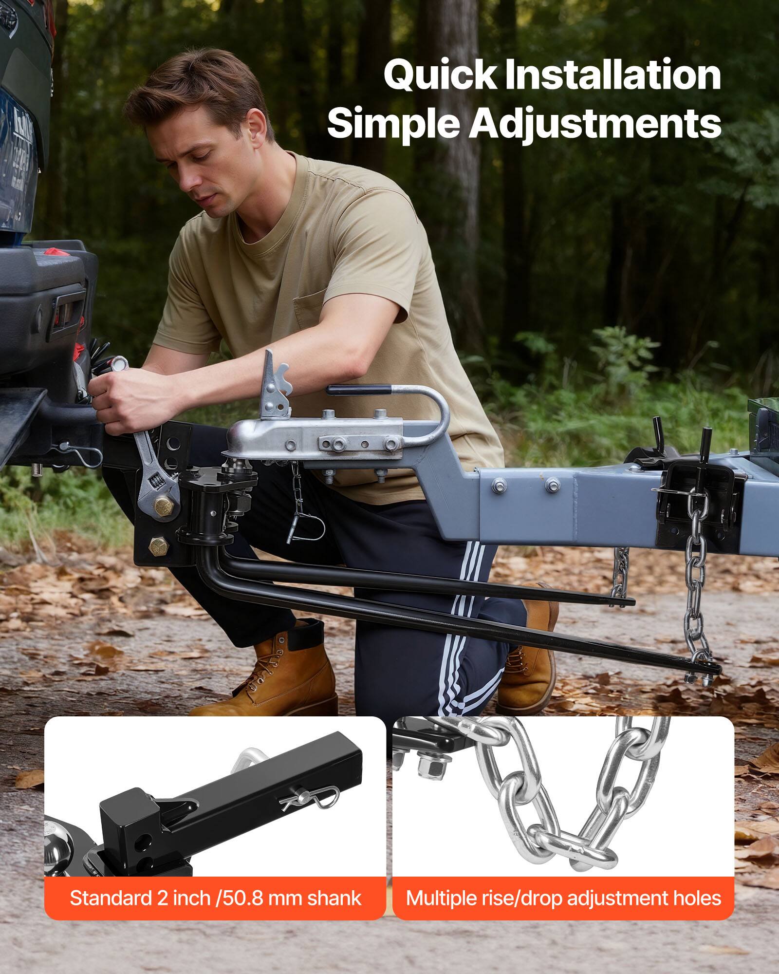 Quick Installation  
Simple Adjustments  

Standard 2 inch / 50.8 mm shank  

Multiple rise/drop adjustment holes