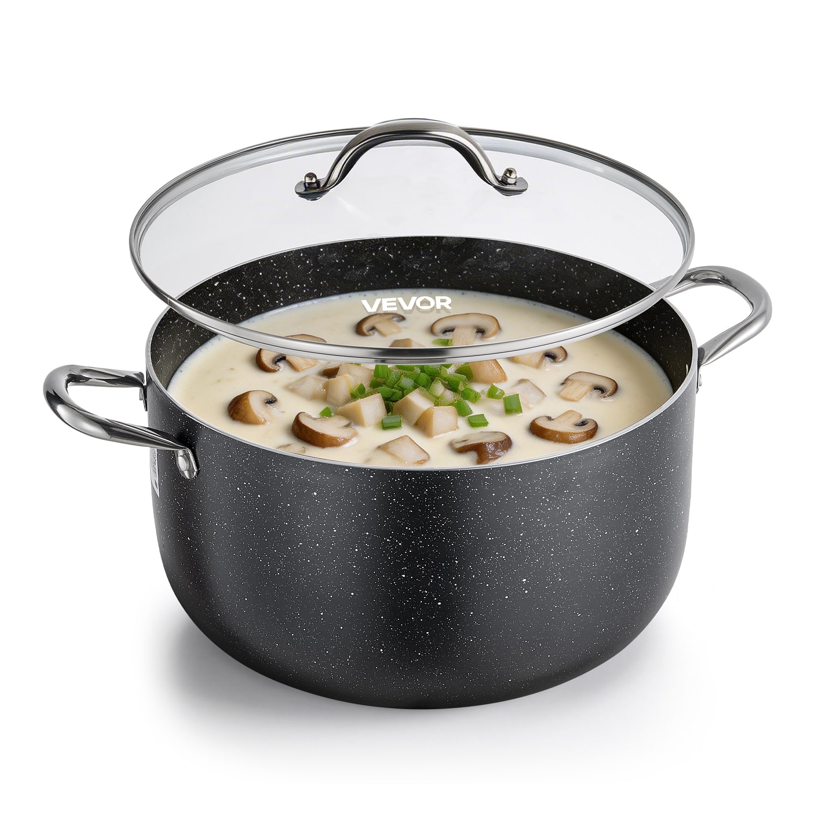 VEVOR - Aluminum Stock Pot, 12-Quart Nonstick Ceramic Coated Pot with Glass Lid,PFOA-Free, PFAS-Free, Compatible with Gas Stoves - Black