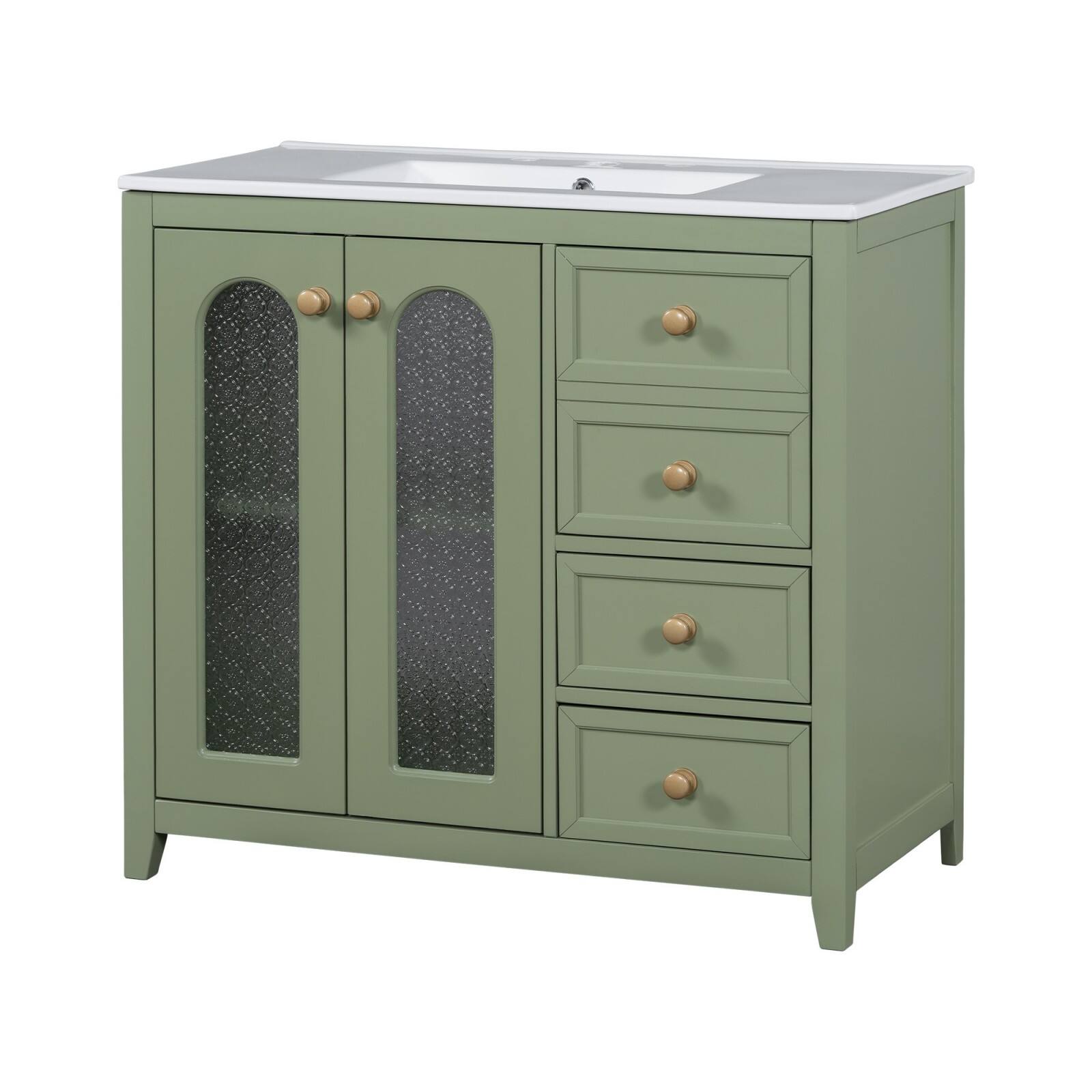 Front. Glintex - 36 Inch Bathroom Vanity with Ceramic Sink, 3 Drawers, Adjustable Shelf, and Soft-Close Doors - Green.