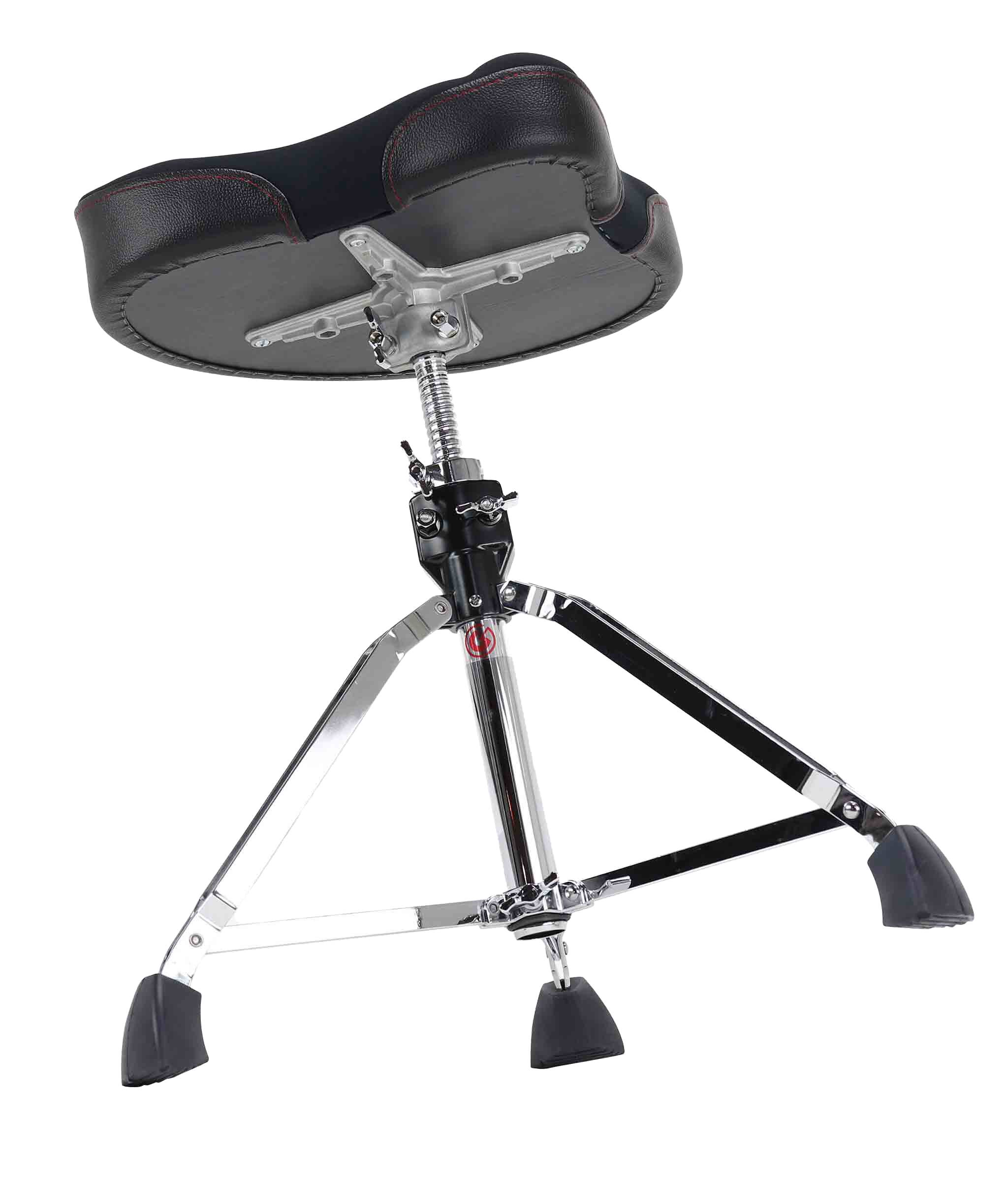 Back. Gibraltar Hardware - 9000 Series Neo Saddle Drum Throne, 16.5” Memory Foam Seat with Neoprene Top, Spin-Lock Height Adjustment.