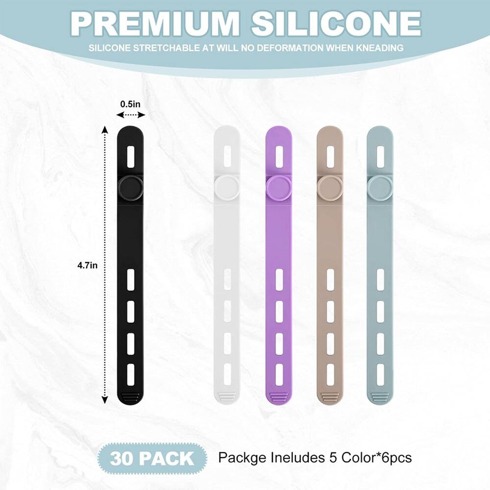 PREMIUM SILICONE  
SILICONE STRETCHABLE AT WILL NO DEFORMATION WHEN KNEADING  

0.5in  
4.7in  

30 PACK  
Package Includes 5 Color*6pcs