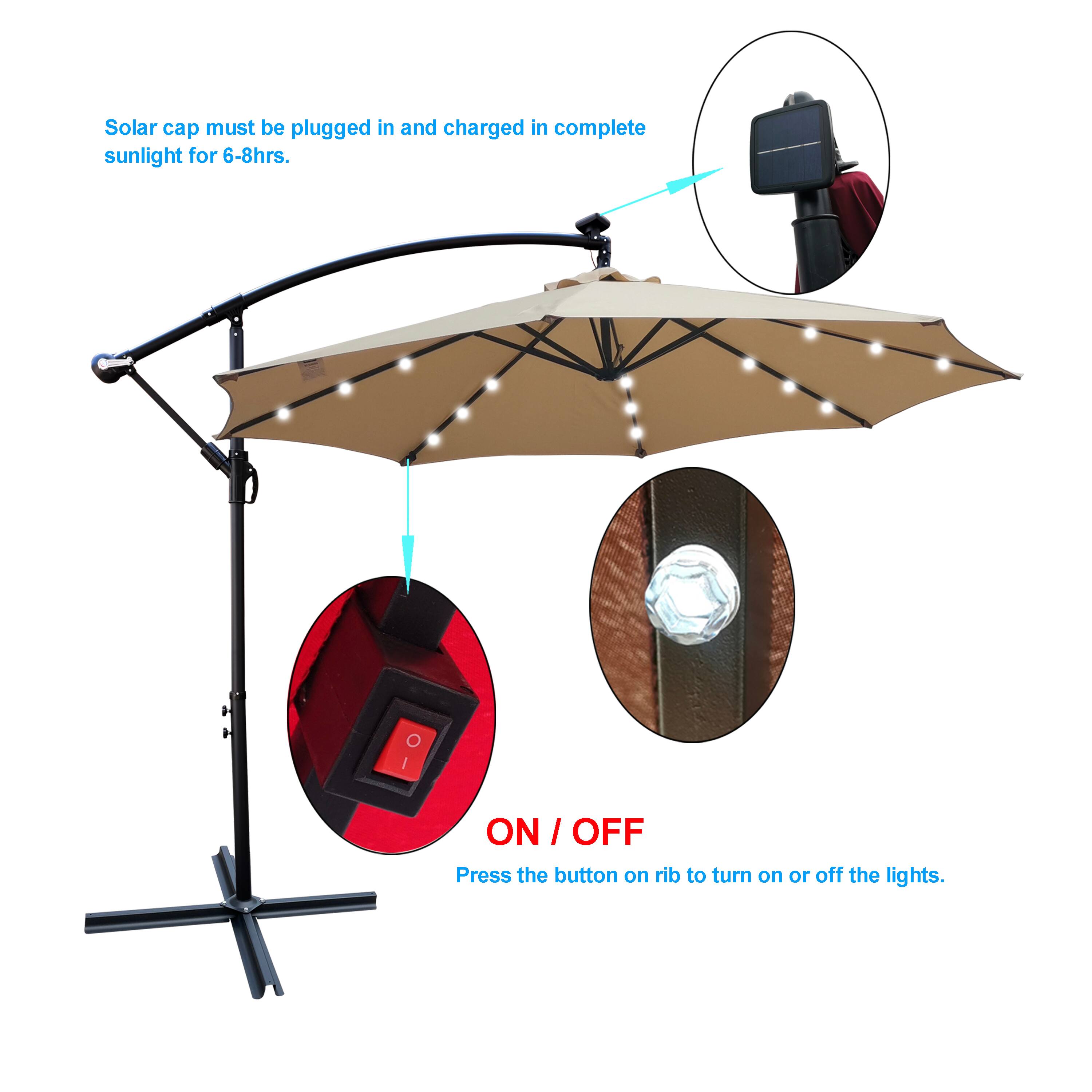 Solar cap must be plugged in and charged in complete sunlight for 6-8hrs.  
ON / OFF  
Press the button on rib to turn on or off the lights.