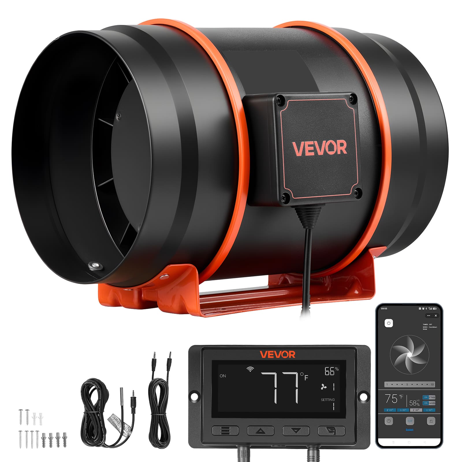 VEVOR - Inline Duct Fan, 807 CFM 8 inch EC Motor Exhaust Ventilation Fan with 10-Speed, PWM Controller, App Control - Black