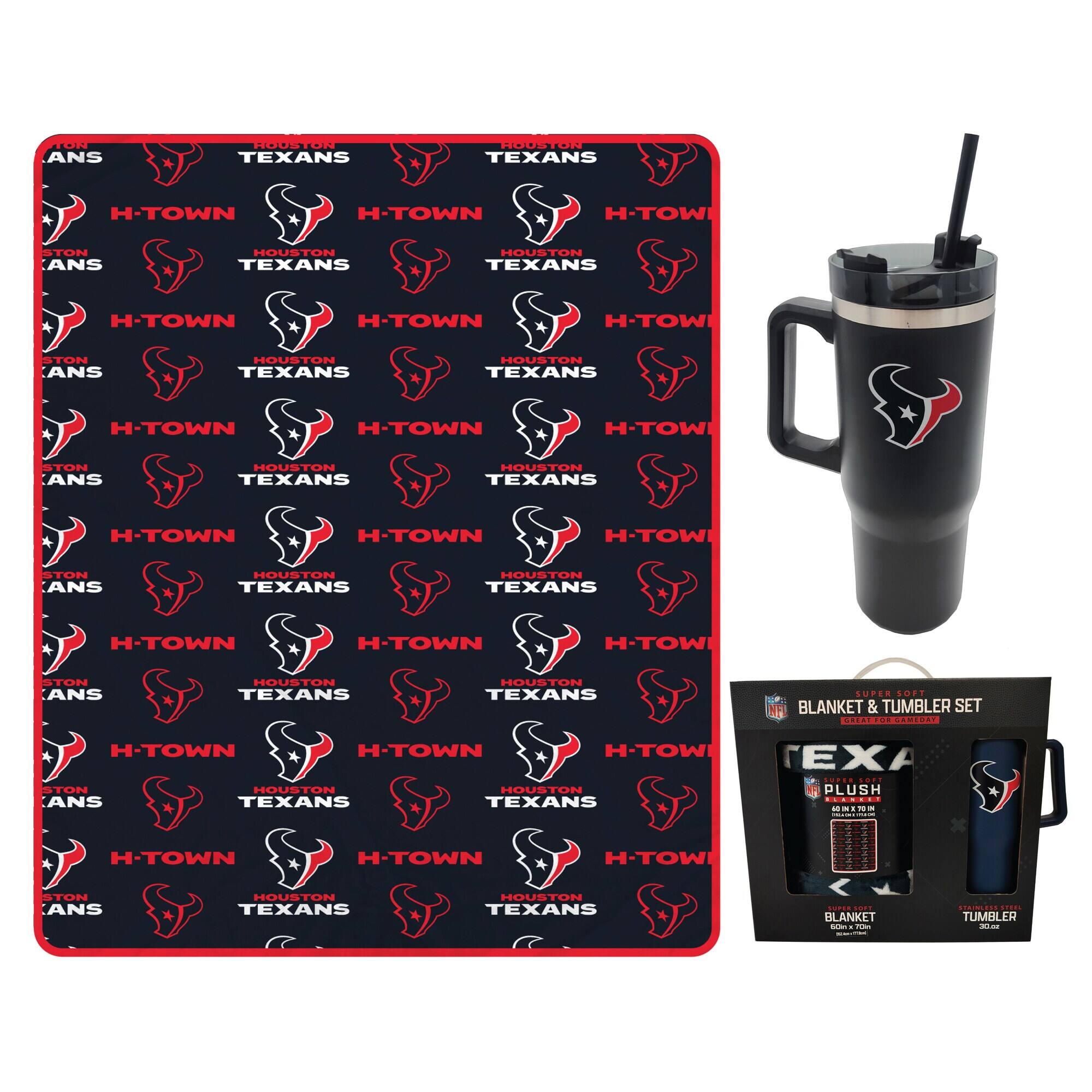 Sure, here is the corrected and grouped text:

**Top Left:**
- H-TOWN
- HOUSTON TEXANS
- TEXANS

**Top Right:**
- SUPER SOFT
- BLANKET & TUMBLER SET
- COLLECTIBLE GAME DAY
- BLANKET
- 60" x 70"
- TUMBLER
- 30 OZ

**Bottom Right:**
- TEXANS
- PLUSH
- 40" H x 70" W

**Bottom Left:**
- H-TOWN
- HOUSTON TEXANS
- TEXANS
