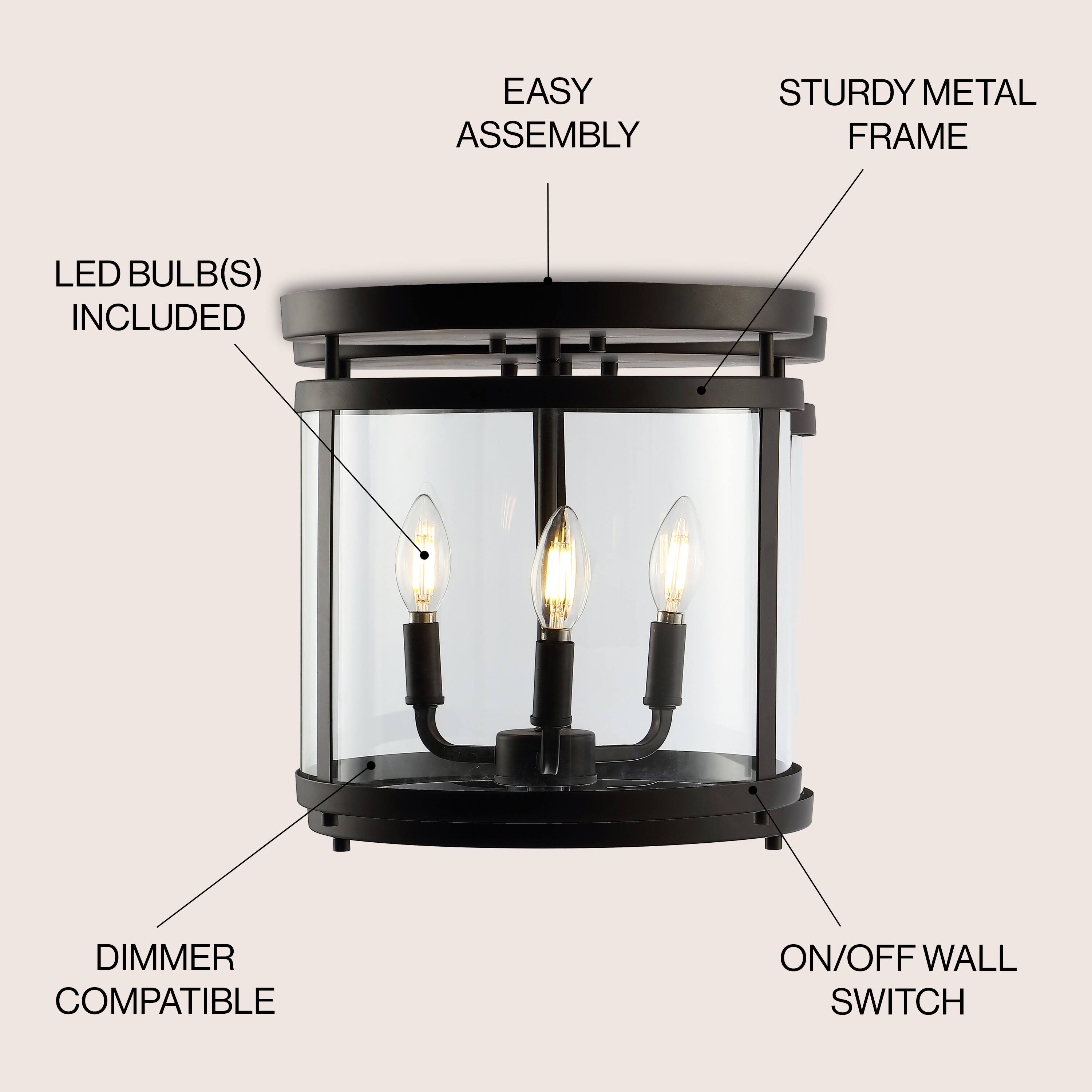EASY ASSEMBLY STURDY METAL FRAME LED BULB(S) INCLUDED DIMMER COMPATIBLE ON/OFF WALL SWITCH
