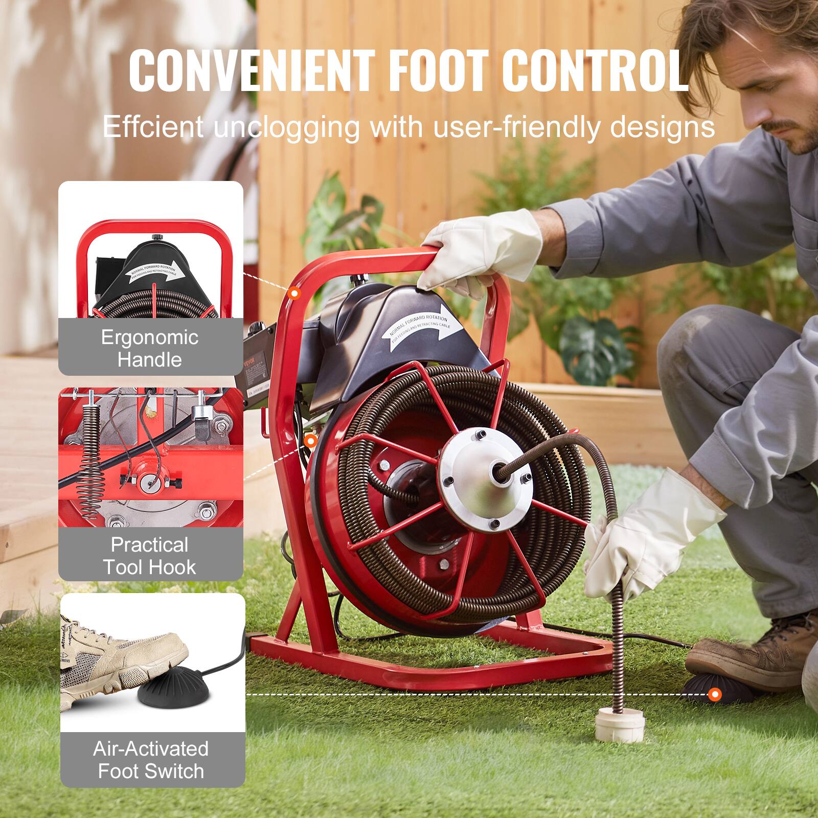 CONVENIENT FOOT CONTROL
Efficient unclogging with user-friendly designs
Ergonomic Handle
Practical Tool Hook
Air-Activated Foot Switch