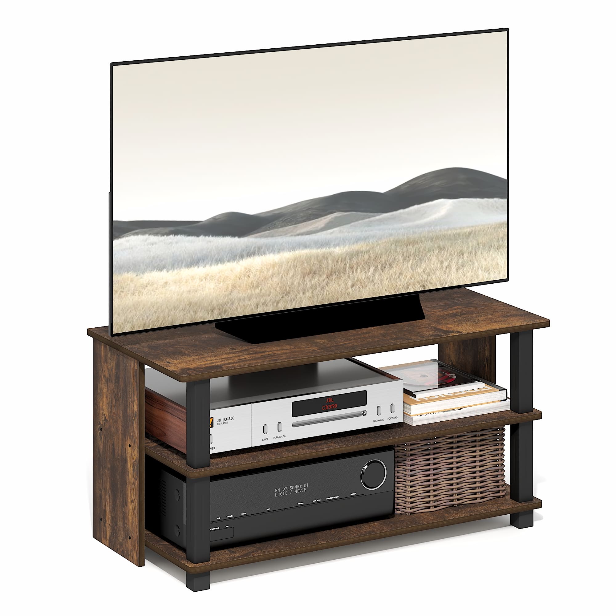 Furinno - SULLY TV Stand, Entertainment Center with Open Shelf, TV Console for TV up to 40 Inch, Open Frame for Cable Management - Amber Pine/Black