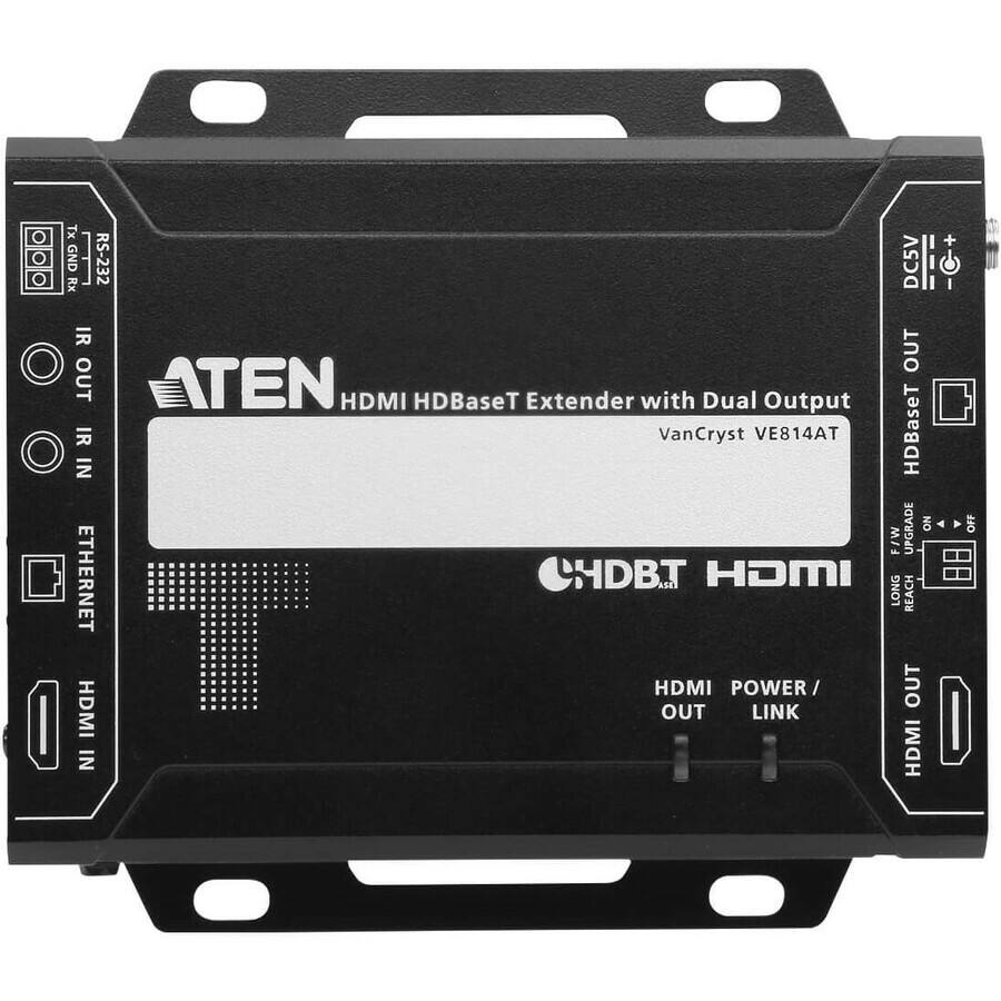 ATEN HDMI HDBaseT Extender with Dual Output  
VanCryst VE814AT  

RS-232  
TX GND HX  

IR OUT  
IR IN  

ETHERNET  

HDMI IN  

DC5V  

HDBaseT OUT  

HDMI POWER / LINK  

HDMI OUT  

FLAVOUR MODE  
LONG REACH  

HDMI OUT