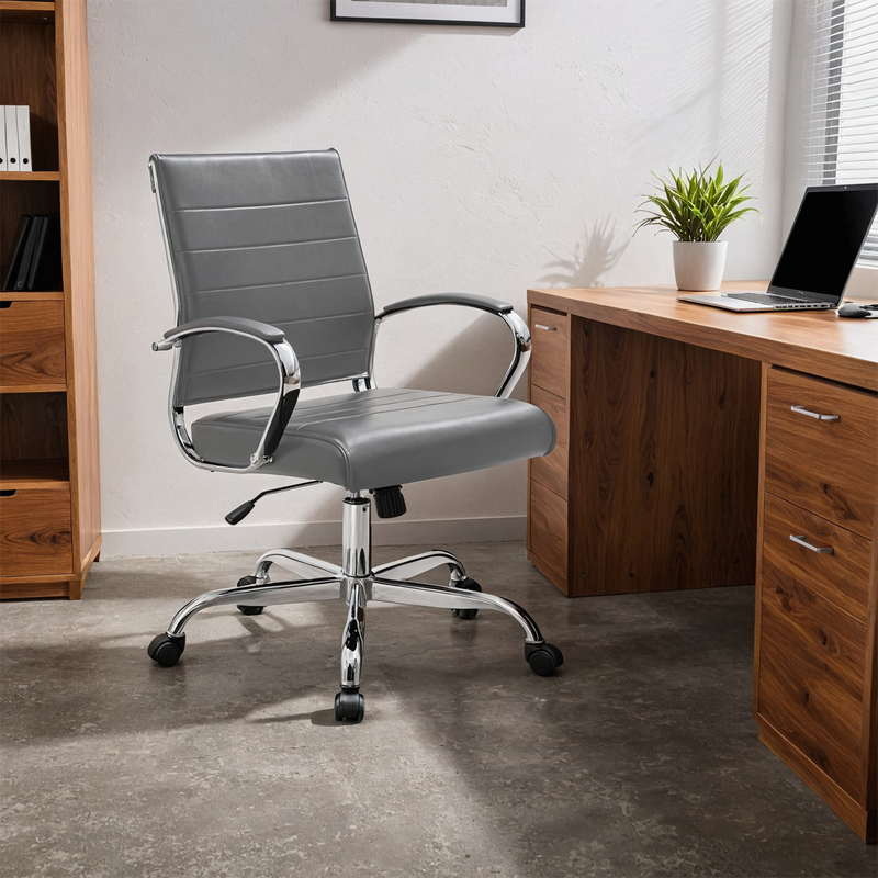 Angle. LeisureMod - Benmar Modern Leather Office Desk Chair with Ribbed Seat Design and Steel Frame Computer Chair - Grey.