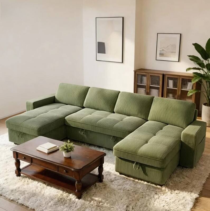 Dyonery - 105" U Shaped Couch Sleeper Sofa, Pull Out Couch with Reclining Backrest, Reversible Storage Chaise, USB Ports - Green