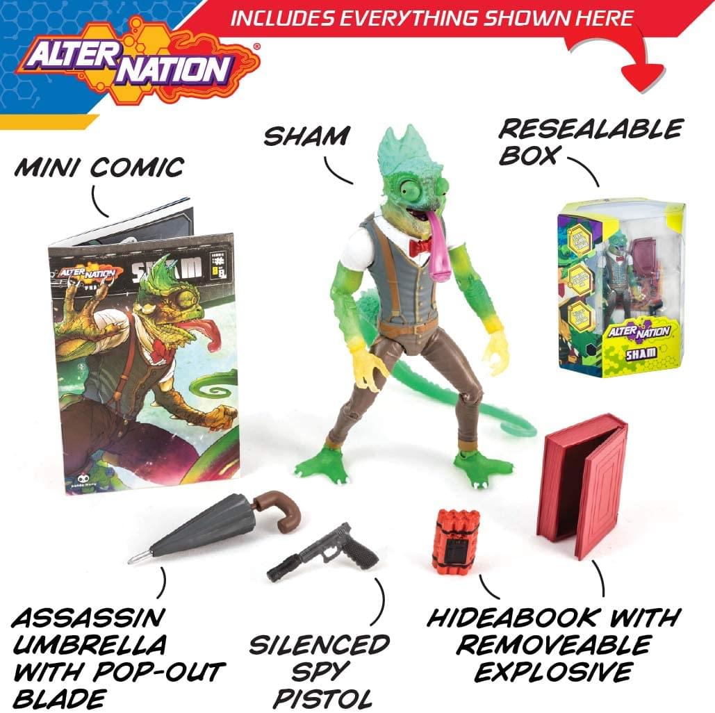 INCLUDES EVERYTHING SHOWN HERE  
ALTER NATION MINI COMIC  
SHAM RESEALABLE BOX  
ALTER NATION 5 # B  
ALTER NATION SHAM  
ASSASSIN HIDEABOOK WITH UMBRELLA  
SILENCED REMOVEABLE WITH POP-OUT SPY EXPLOSIVE BLADE PISTOL