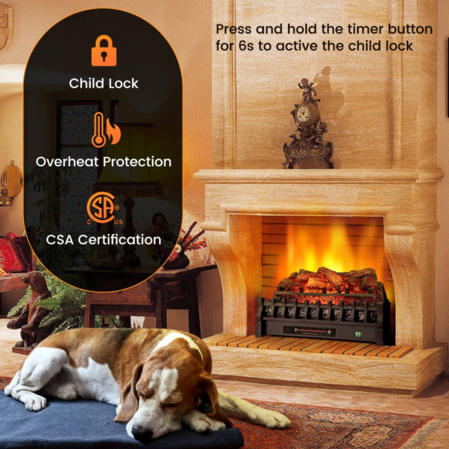 Press and hold the timer button for 6s to activate the child lock

Child Lock  
Overheat Protection  
CSA Certification