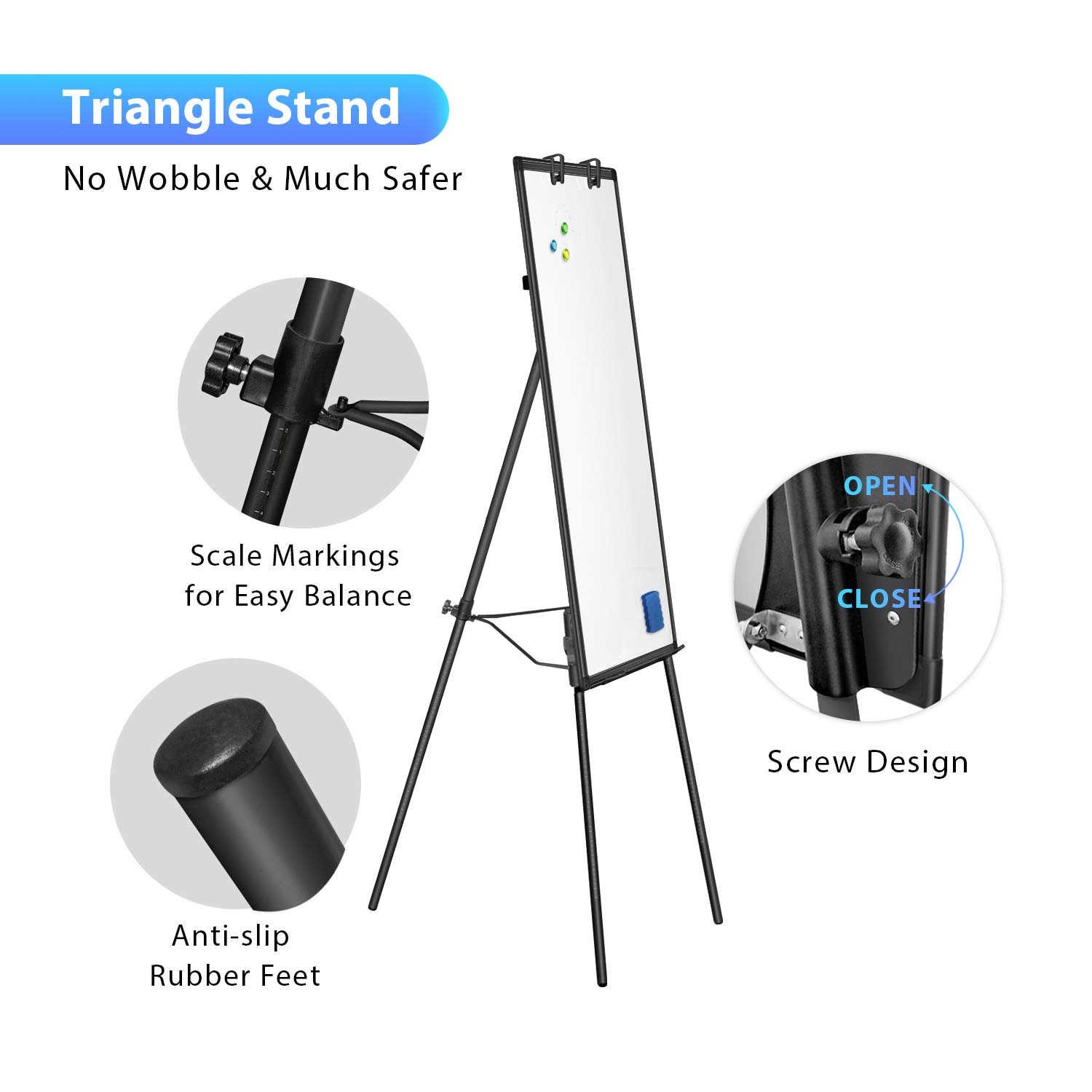 Triangle Stand  
No Wobble & Much Safer  
Scale Markings for Easy Balance  
Screw Design  
Anti-slip Rubber Feet