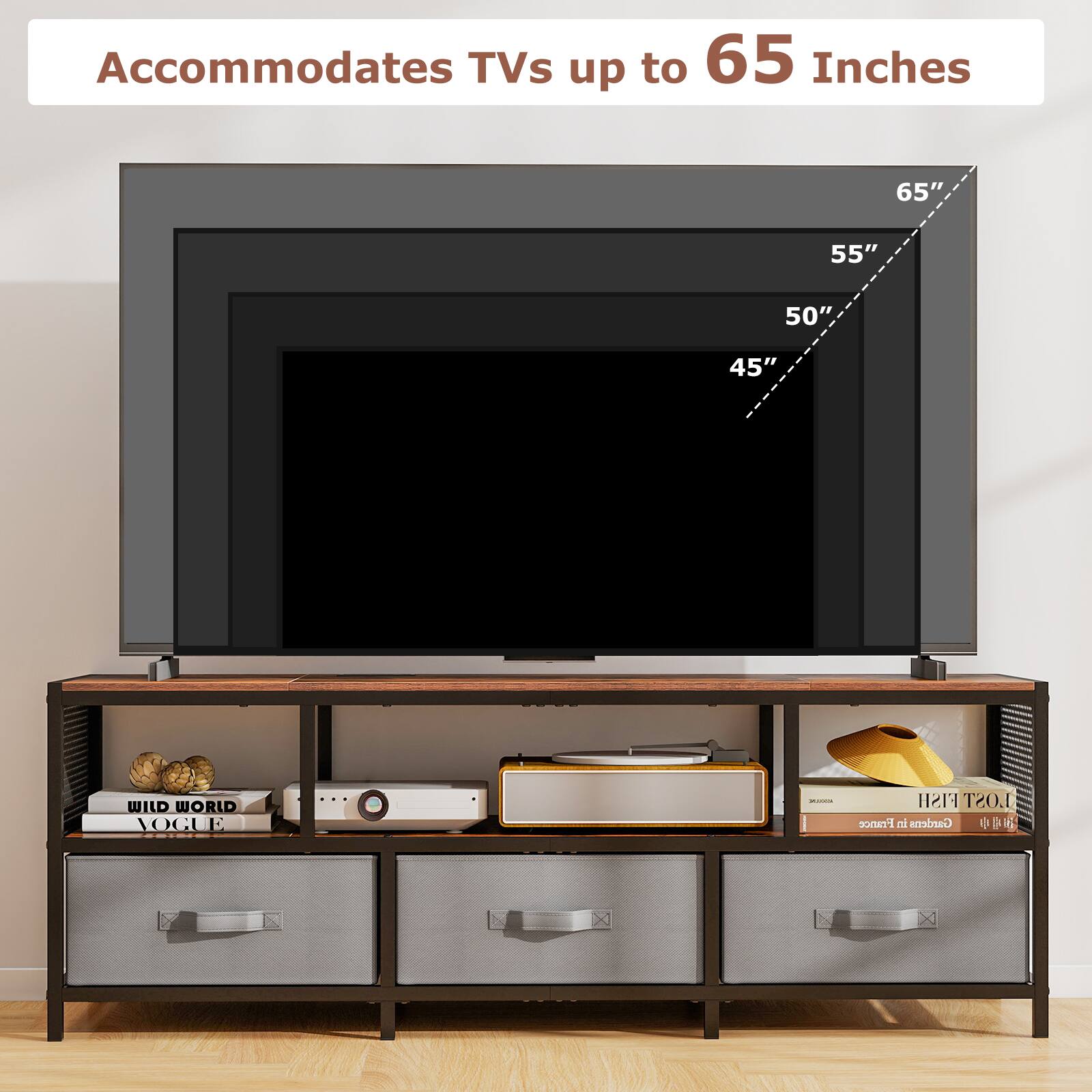 Accommodates TVs up to 65 Inches 65" 55" 50" 45" | WILD WORLD VOGUE