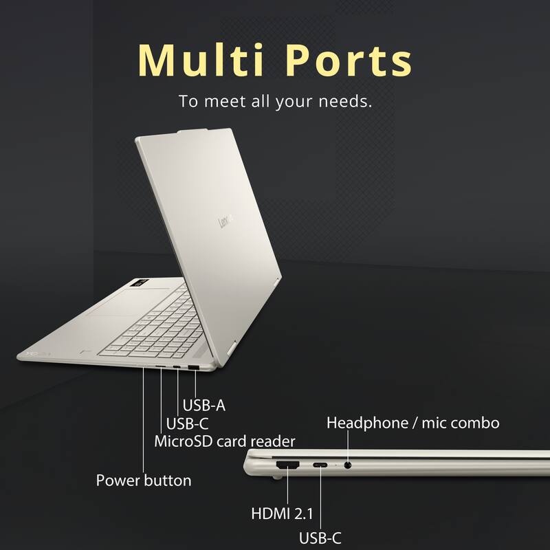 Multi Ports  
To meet all your needs.  

USB-A  
USB-C  
MicroSD card reader  
Power button  
HDMI 2.1  
USB-C  
Headphone / mic combo