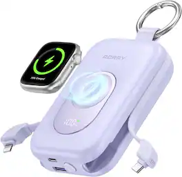 RORRY - CharmGo 20000mAh Portable Charger, 30W Power Bank, Built-in Cables, LCD, Keychain, for iPhone & Apple Watch - Purple