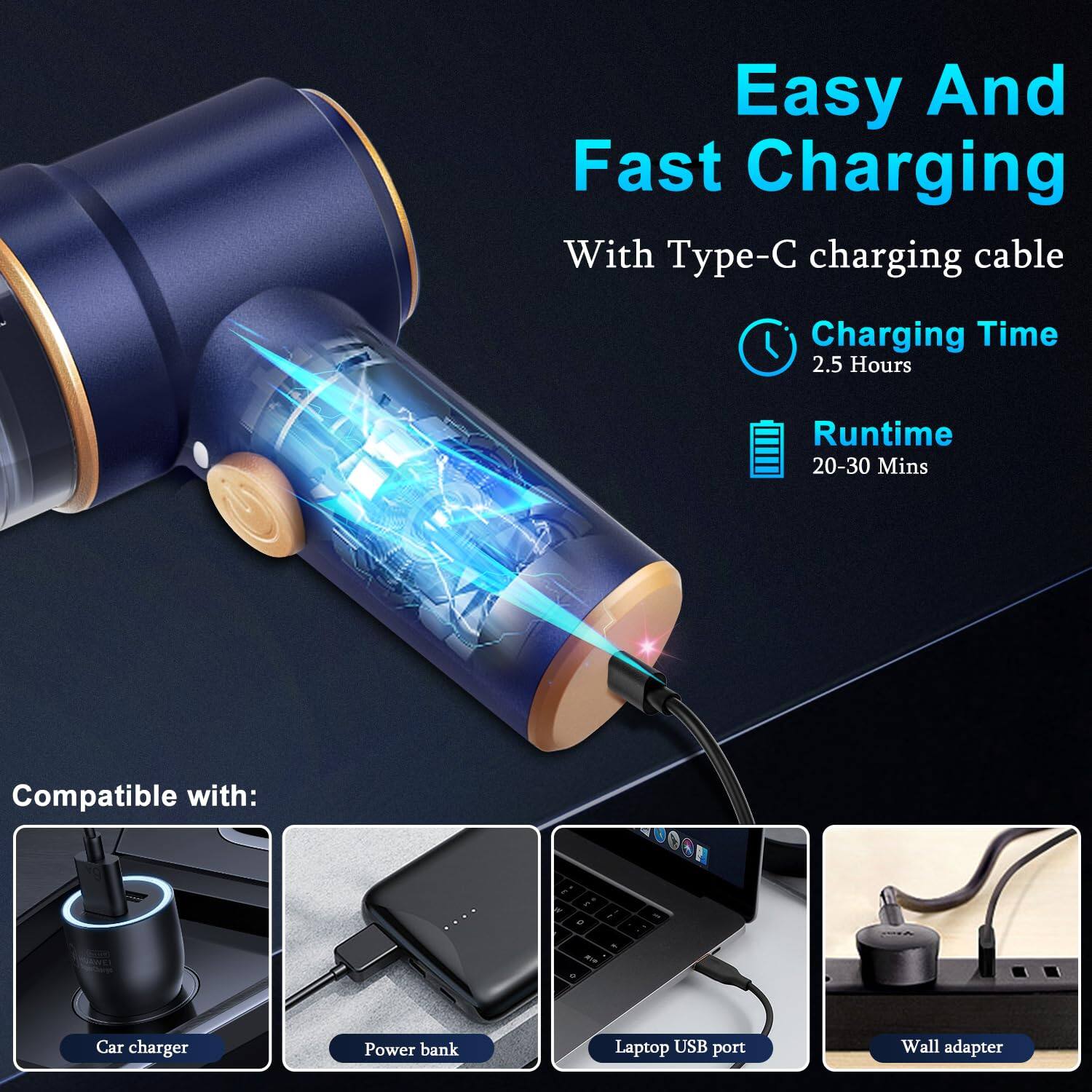 Easy And Fast Charging With Type-C charging cable

Charging Time: 2.5 Hours
Runtime: 20-30 Mins

Compatible with:
- Car charger
- Power bank
- Laptop USB port
- Wall adapter