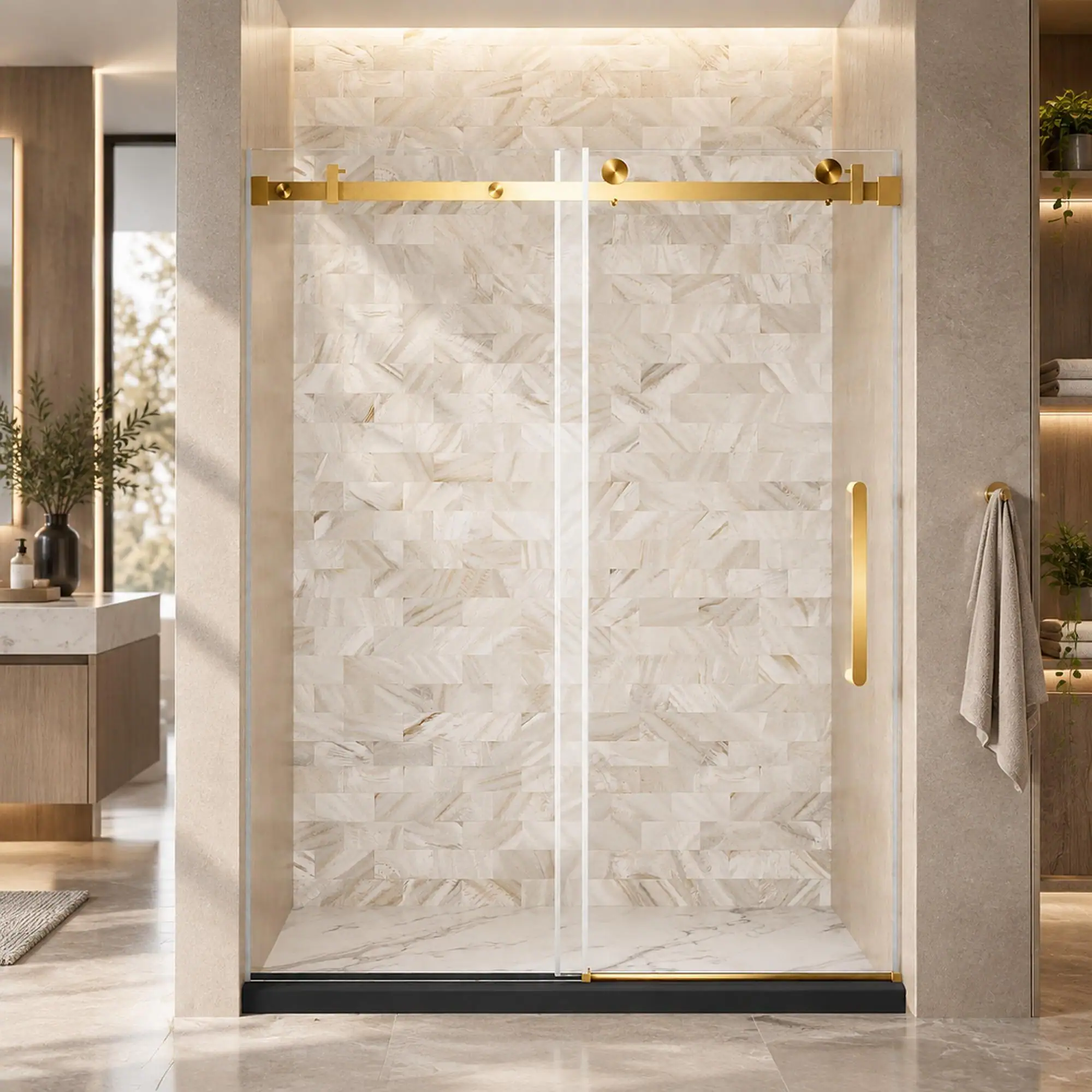 Front. RYHNUYNE - 56-60 In W X 76 In H Frameless Single Sliding Shower Door, 1/4 In Clear Tempered Glass With Handle Brushed Gold Finish - Brushed Gold.