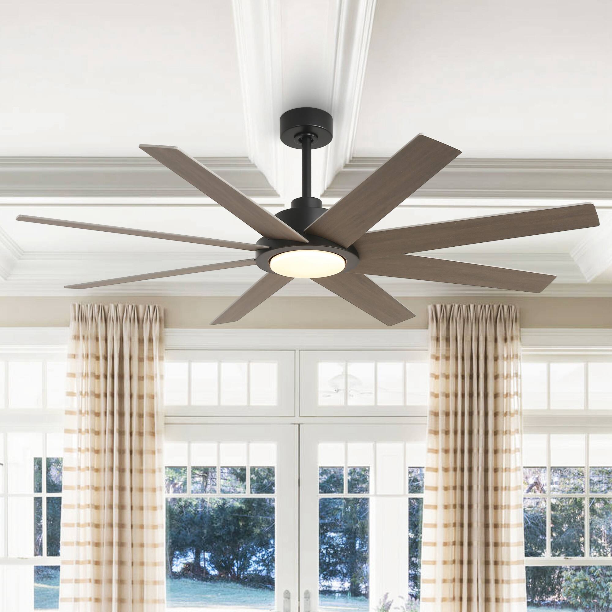 Back. Parrot Uncle - 60" Farmhouse Large Windmill Dimmable Ceiling Fan with Light and Remote - Matte Black.