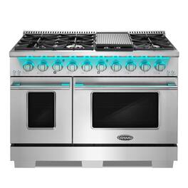 COSMO - COS-GRP486G 48 in. Vista Collection 6.6 cu. ft. Double Oven Gas Range, 8 Burners, LED Panel, Cast Iron Grates - Stainless Steel