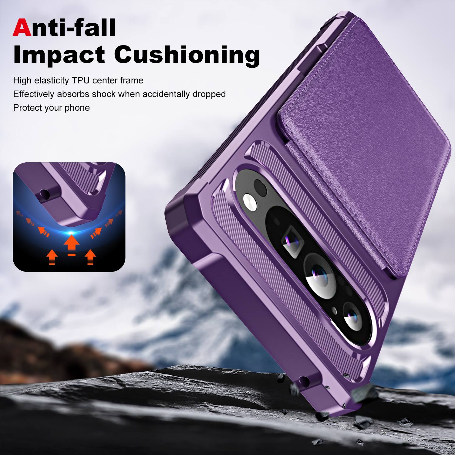 Anti-fall Impact Cushioning

High elasticity TPU center frame  
Effectively absorbs shock when accidentally dropped  
Protect your phone