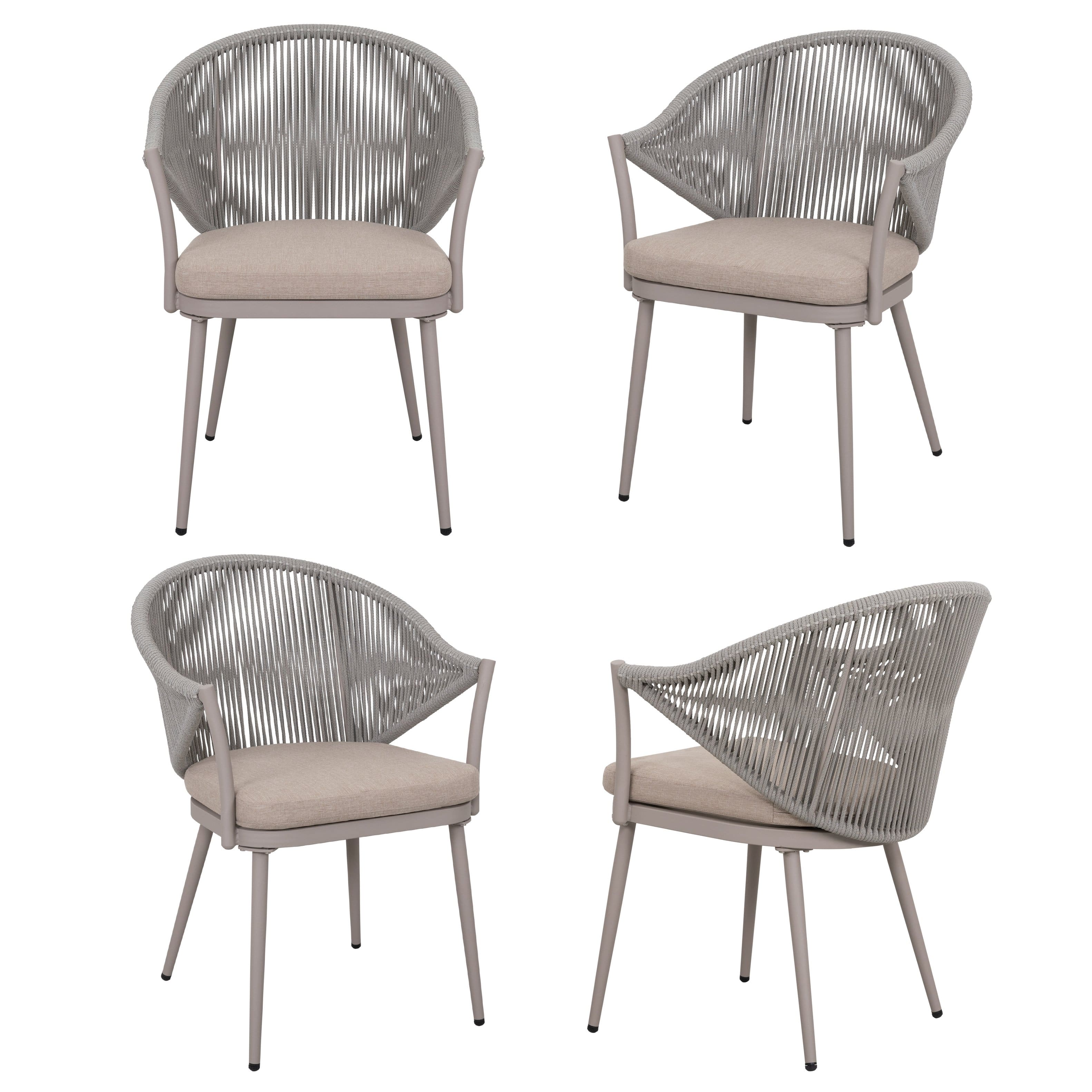 Nuu Garden - Outdoor Aluminum Chair Set of 4 Woven Rope Conversation Chairs with Seat Cushions - Beige