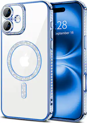 Front. Entronix - Entronix Magnetic Case for iPhone 16 - Clear Back with Luxury Diamonds - Blue.