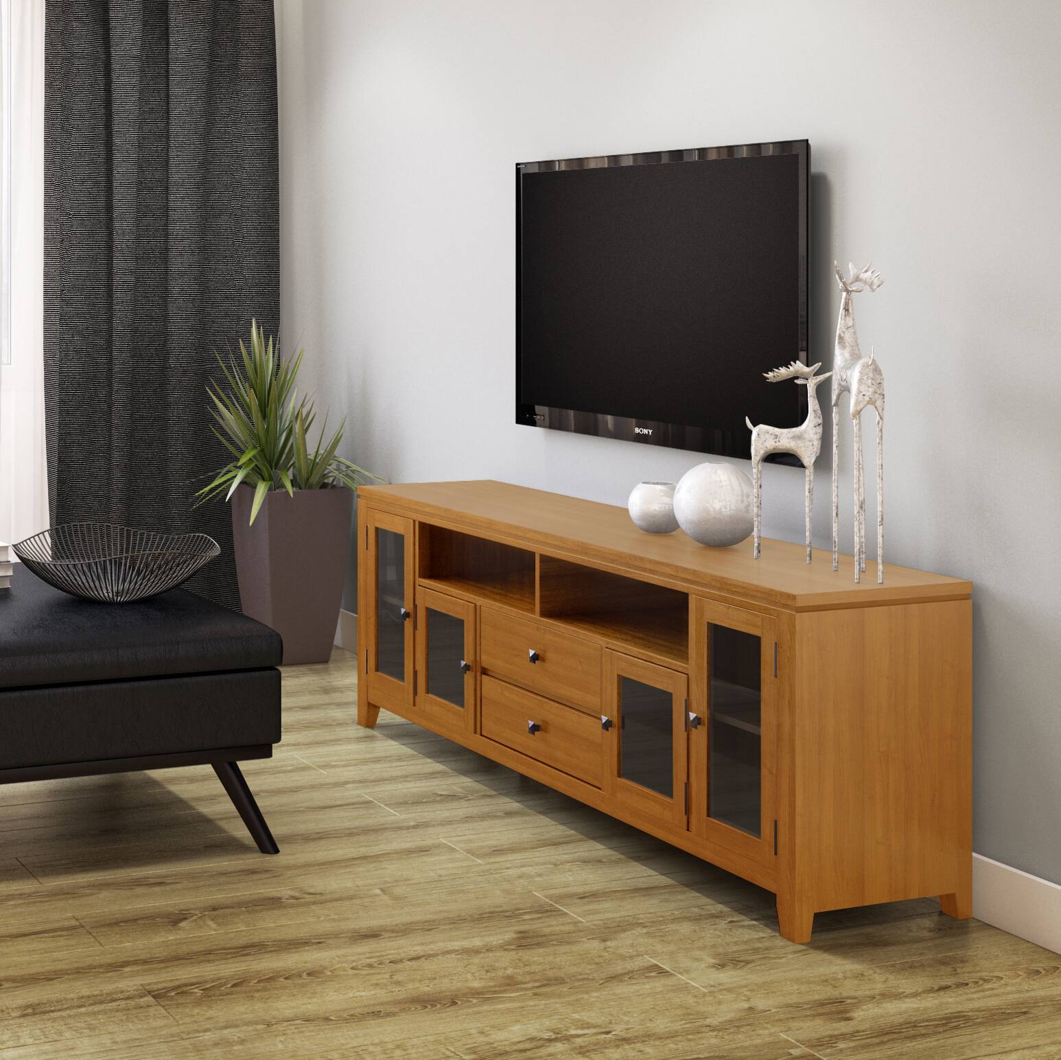 Angle. Simpli Home - Cosmopolitan SOLID WOOD 72 inch Wide TV Media Stand in Light Golden Brown For TVs up to 80 inches - Light Golden Brown.