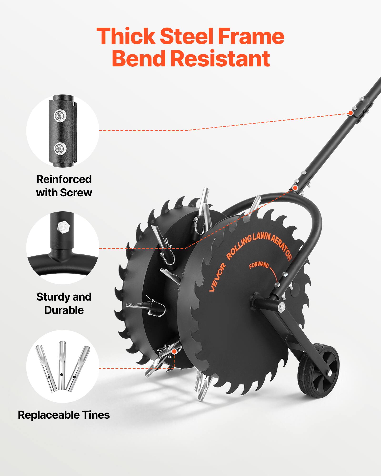Thick Steel Frame Bend Resistant Reinforced with Screw Sturdy and Durable LAWN ROLLING AERATOR FORWARD VEVOR Replaceable Tines