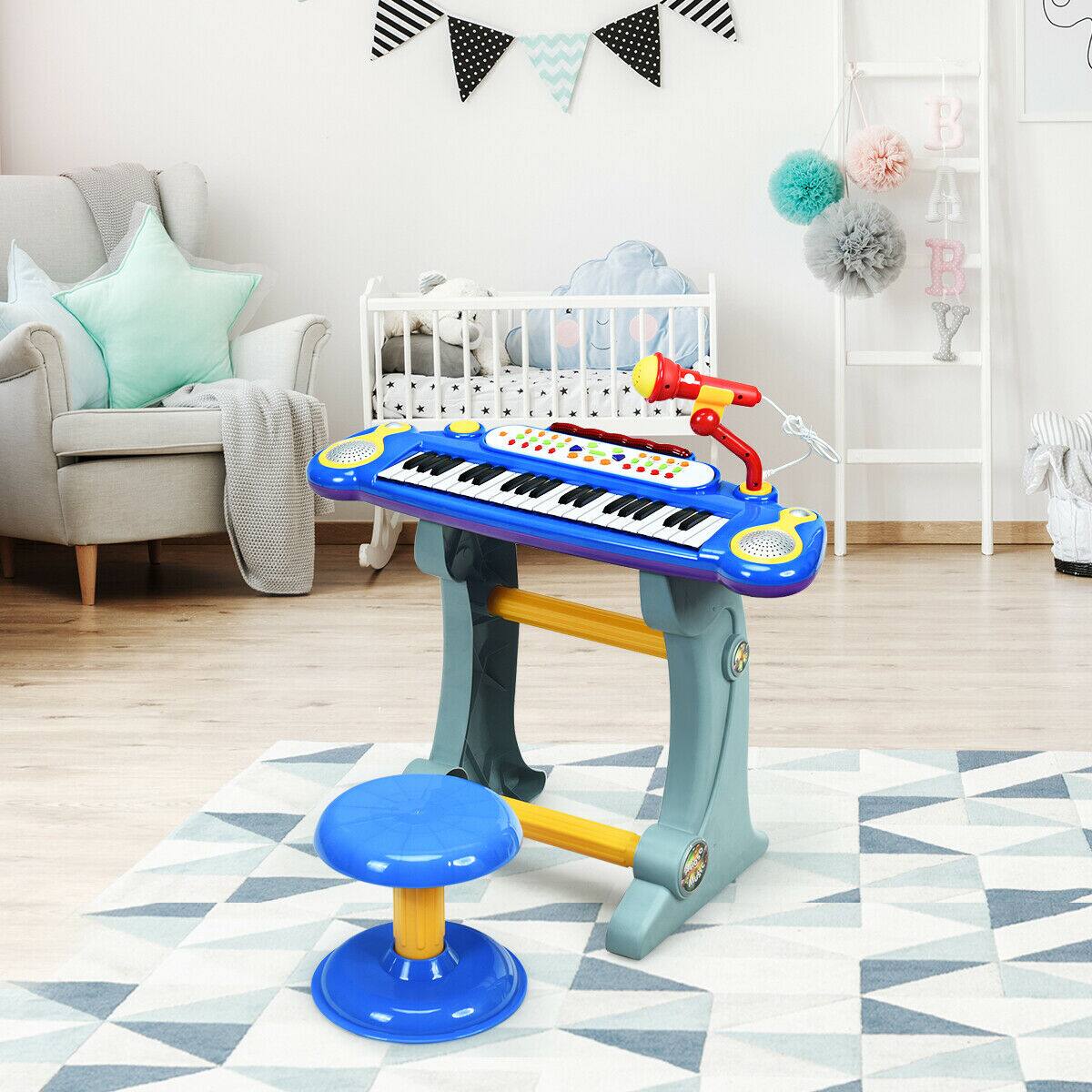 Alt View 2. Gymax - Gymax 37 Key Electronic Keyboard Kids Toy Piano MP3 Input w/ Microphone & Stool Blue - blue.