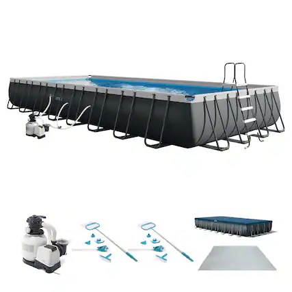 Front. Intex - Intex 32ft x 16ft x 52in Rectangular Ultra XTR Pool & Maintenance Kit (2 Pack) - Blue, Gray.