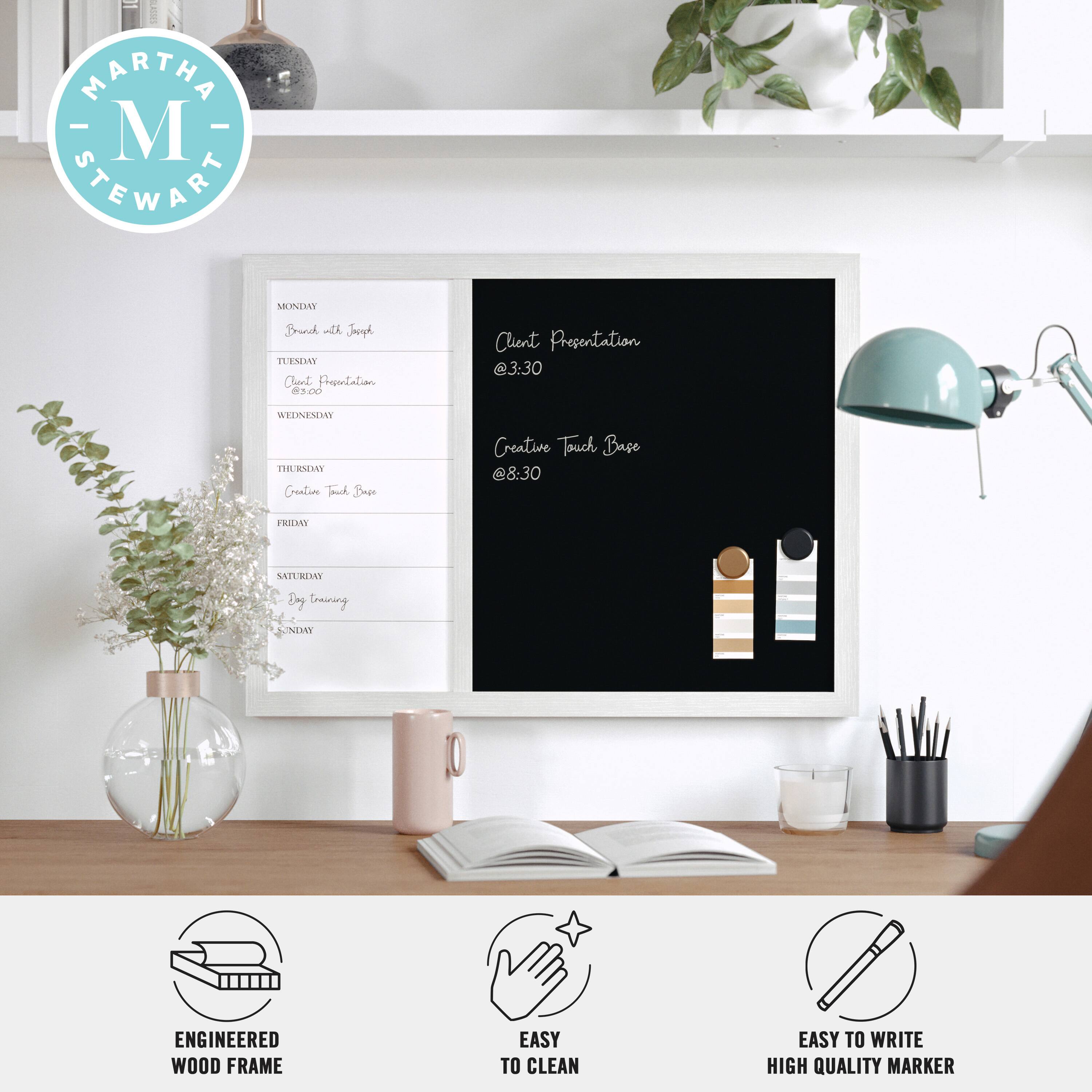 Martha Stewart branded chalkboard with a list of events and prices. The chalkboard is easy to clean and easy to write on, making it a convenient tool for organizing and displaying information.