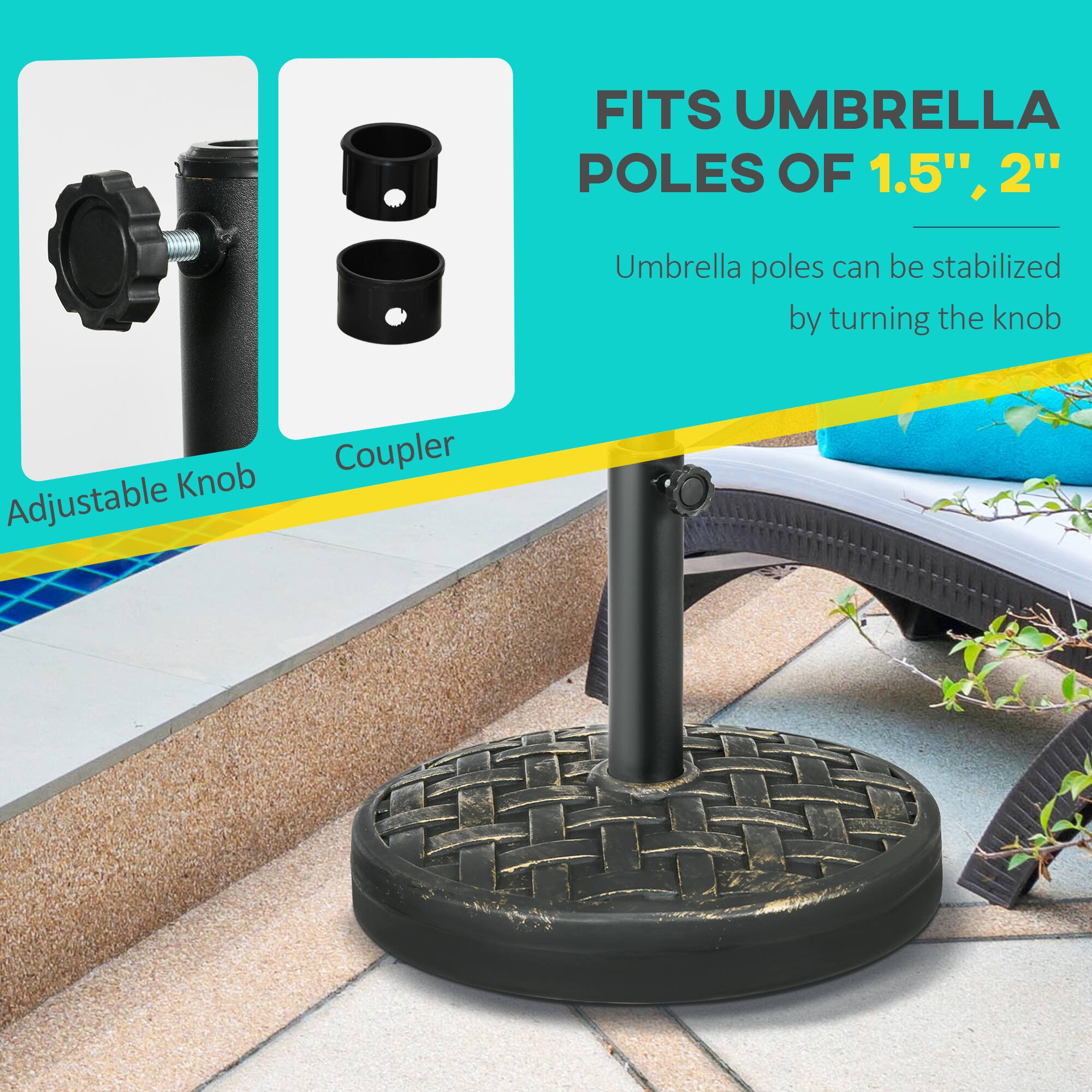 FITS UMBRELLA POLES OF 1.5", 2" Umbrella poles can be stabilized by turning the knob Adjustable Knob Coupler