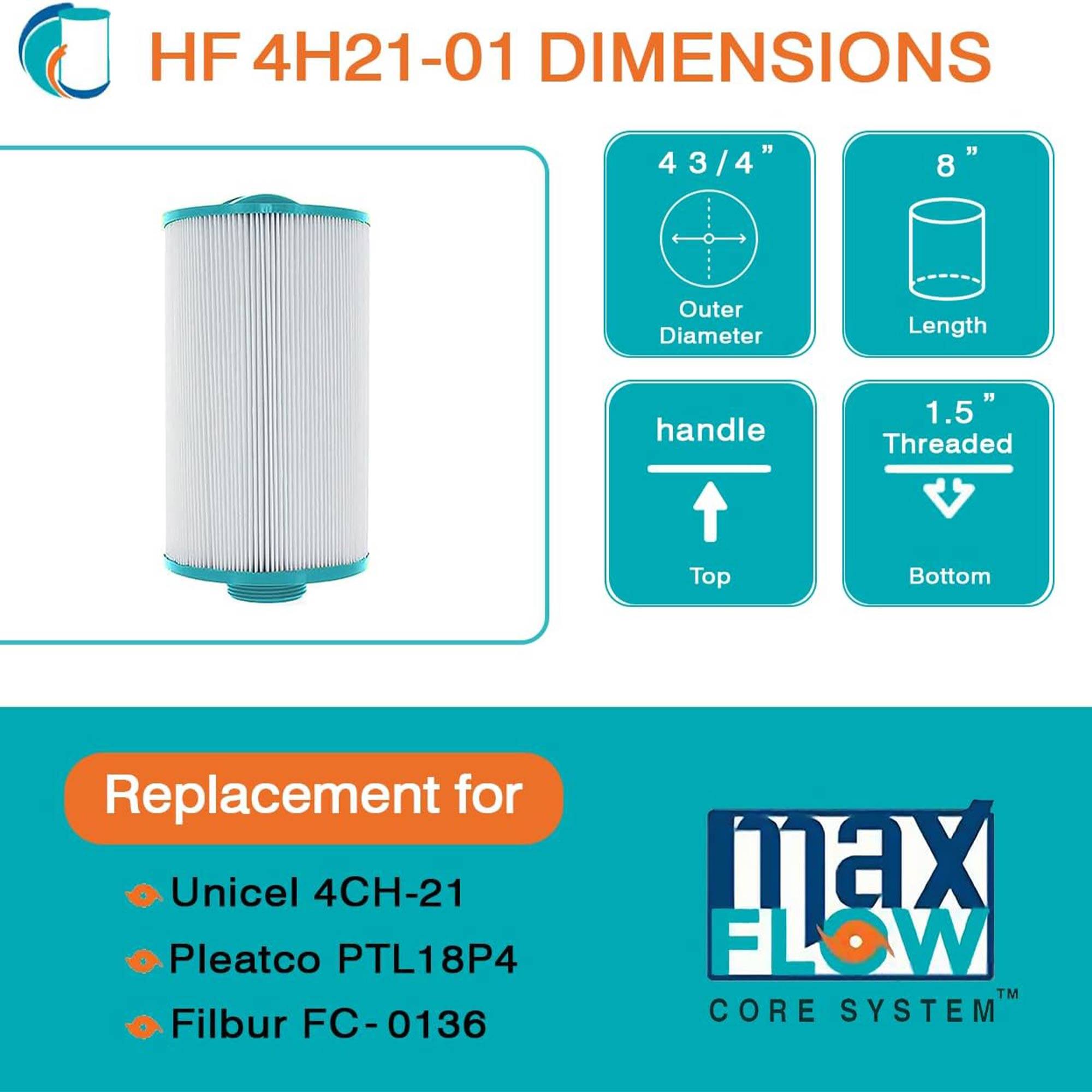 HF 4H21-01 DIMENSIONS

- Outer Diameter: 4 3/4"
- Length: 8"
- Handle: Top
- Threaded: Bottom

Replacement for:
- Unicel 4CH-21
- Pleatco PTL18P4
- Filbur FC-0136

max FLOW CORE SYSTEM™